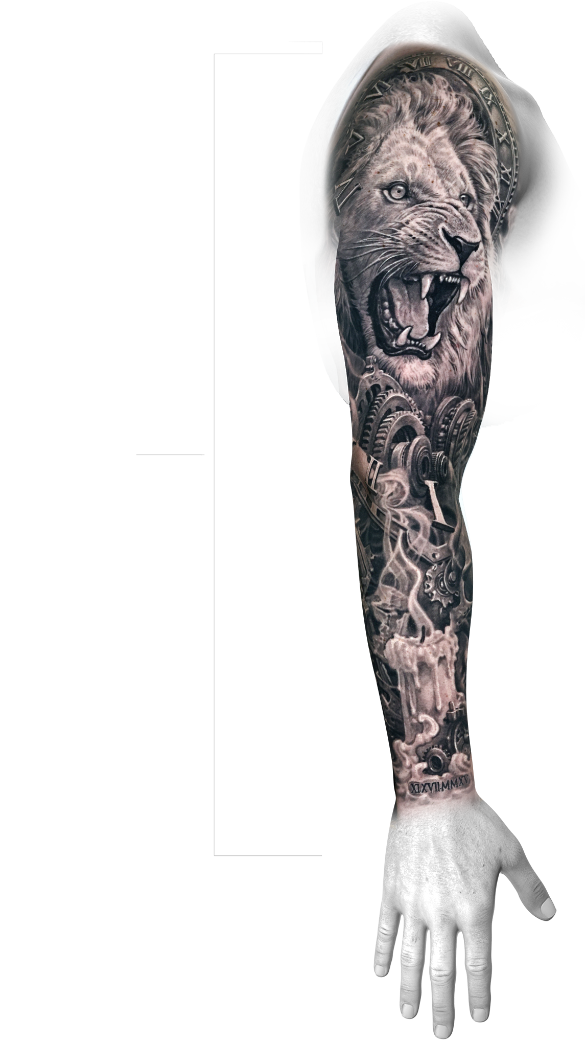 Black and gray tattoo sleeve of a roaring lion with a clock face and gears, completed in 6 sessions by Javi Antunez at Tattooed Theory.