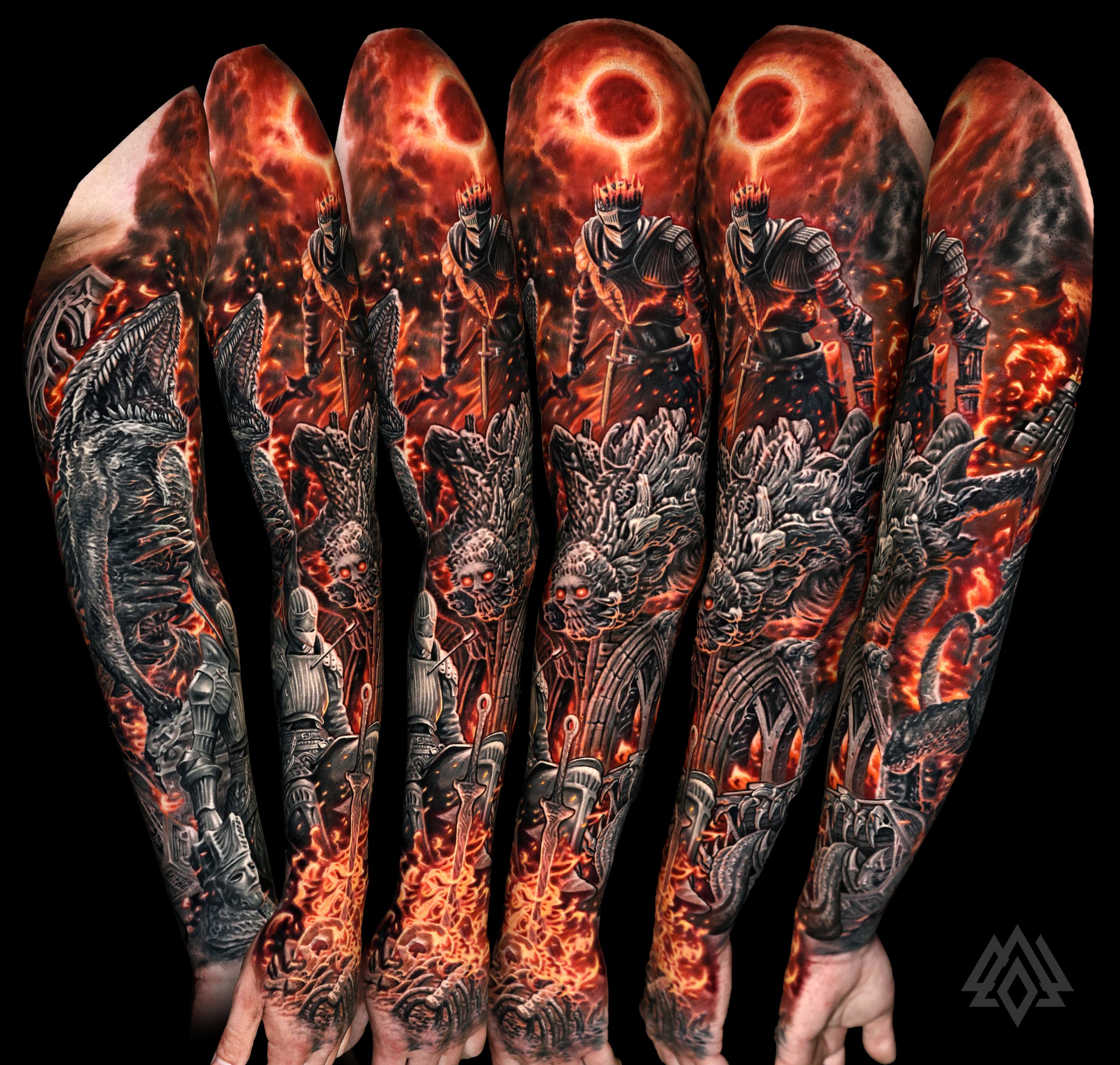 A close-up of human fingers covered in intricate, dark fantasy-themed tattoos featuring knights, skulls, flames, and demonic imagery.