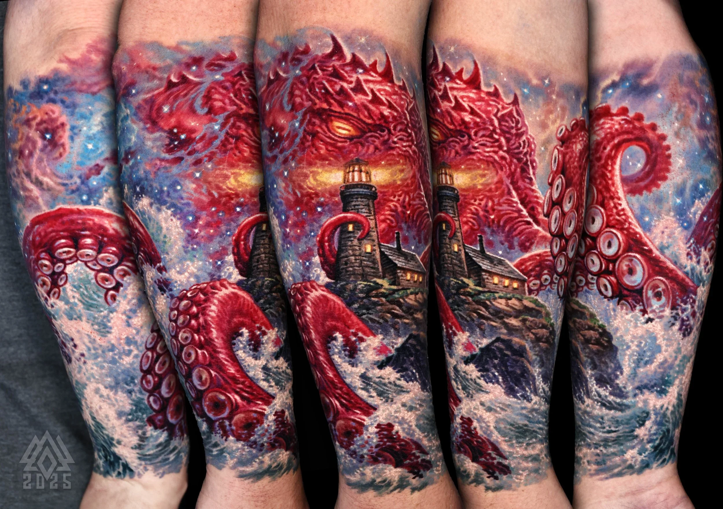 A colorful tattoo of a red octopus entwined with a lighthouse on the person's arm.