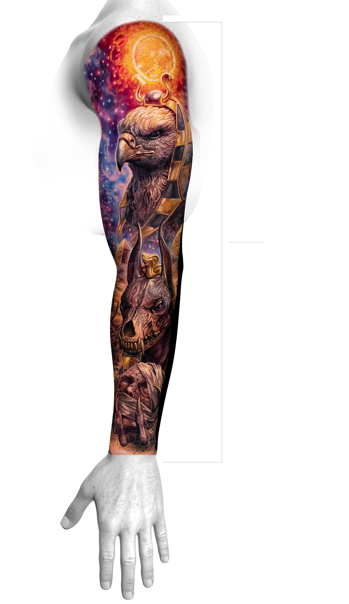Full color Egyptian tattoo sleeve with a falcon god and mummy over a galaxy background, completed in 8 sessions by Javi Antunez at Tattooed Theory.