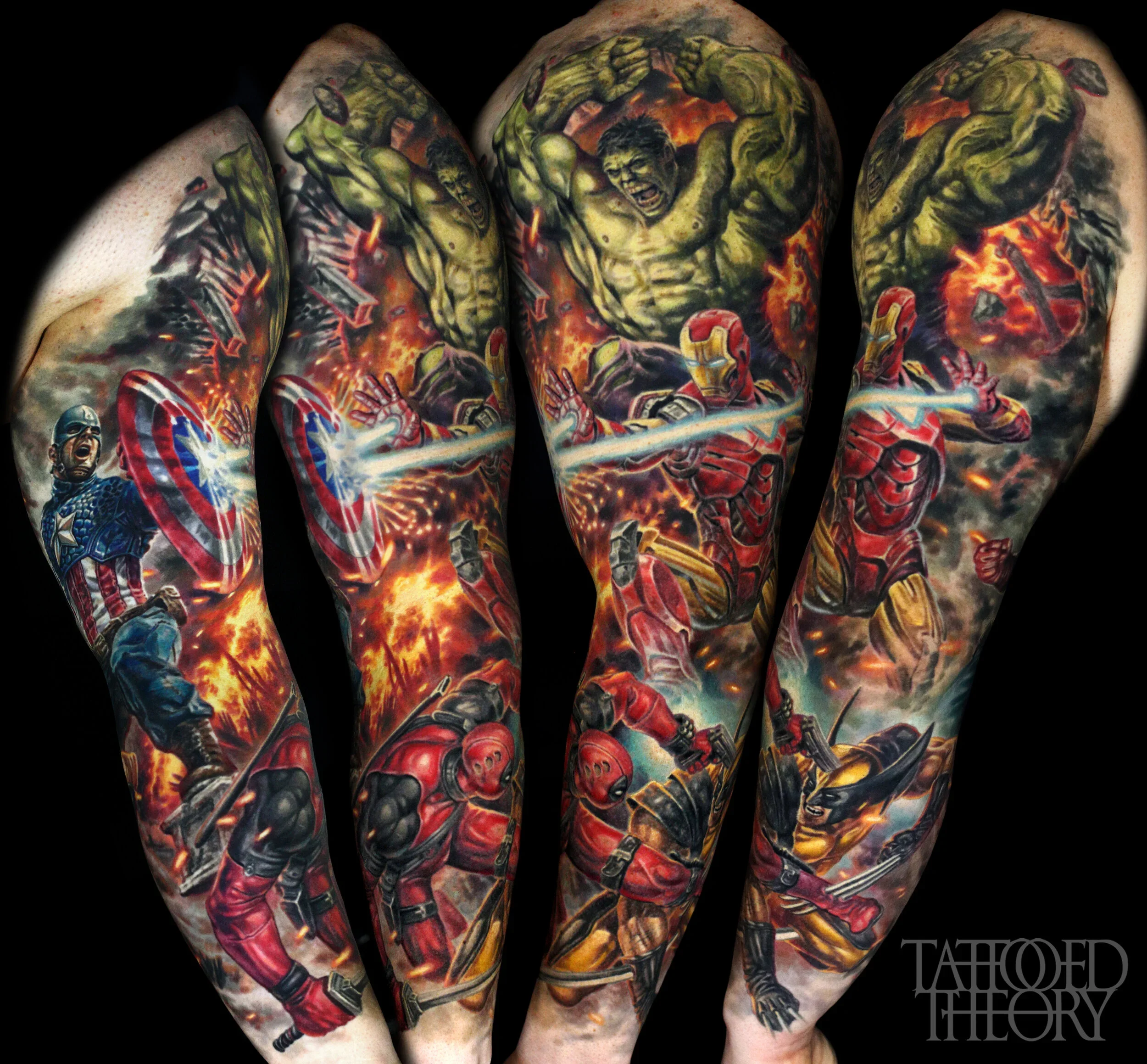 Colorful tattoo sleeve featuring Marvel characters Hulk, Iron Man, Thor, Captain America, Deadpool, and Wolverine.