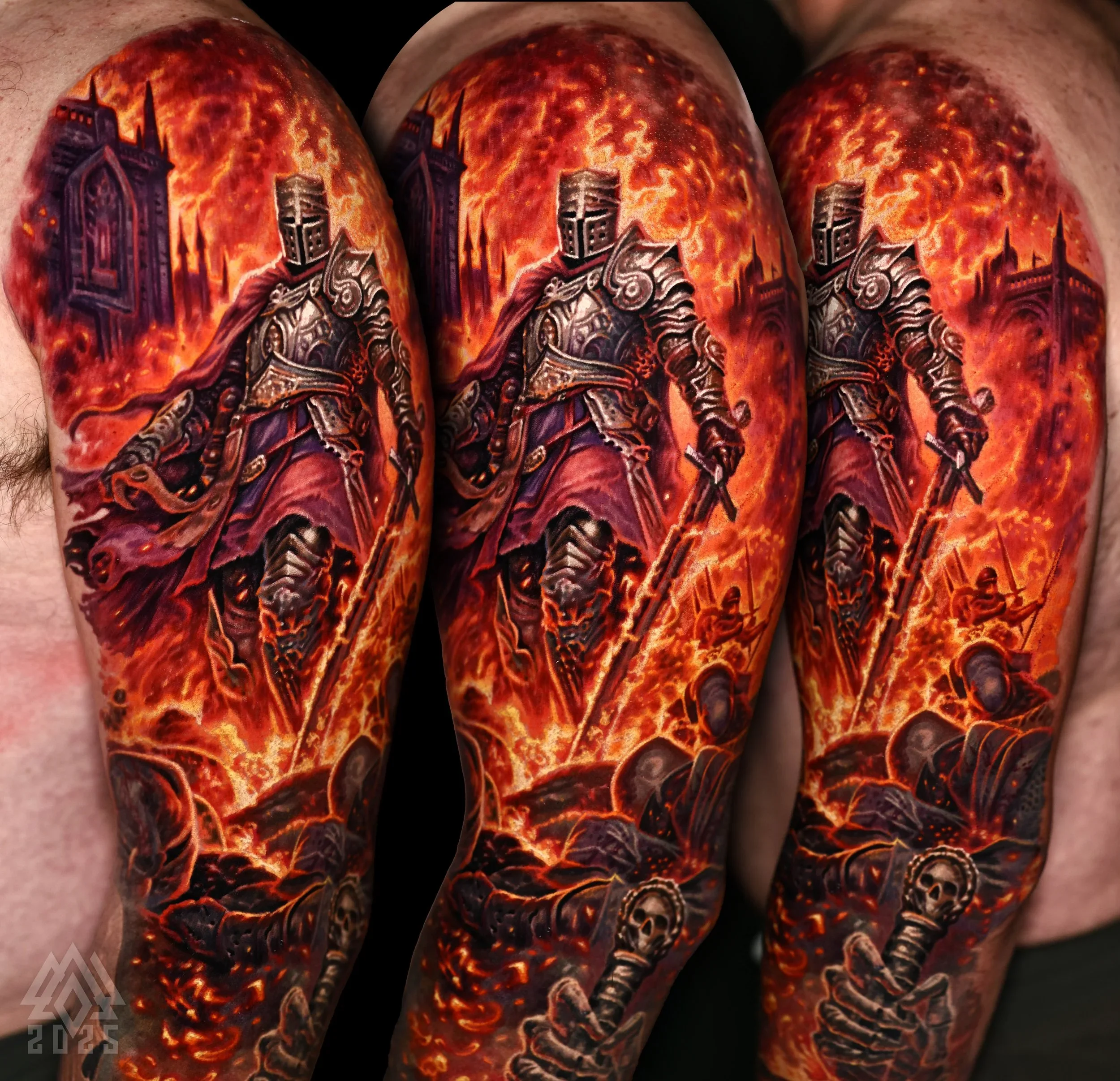 Tattoo of a medieval knight in armor with a city skyline and fiery background, spanning across the person's arm.