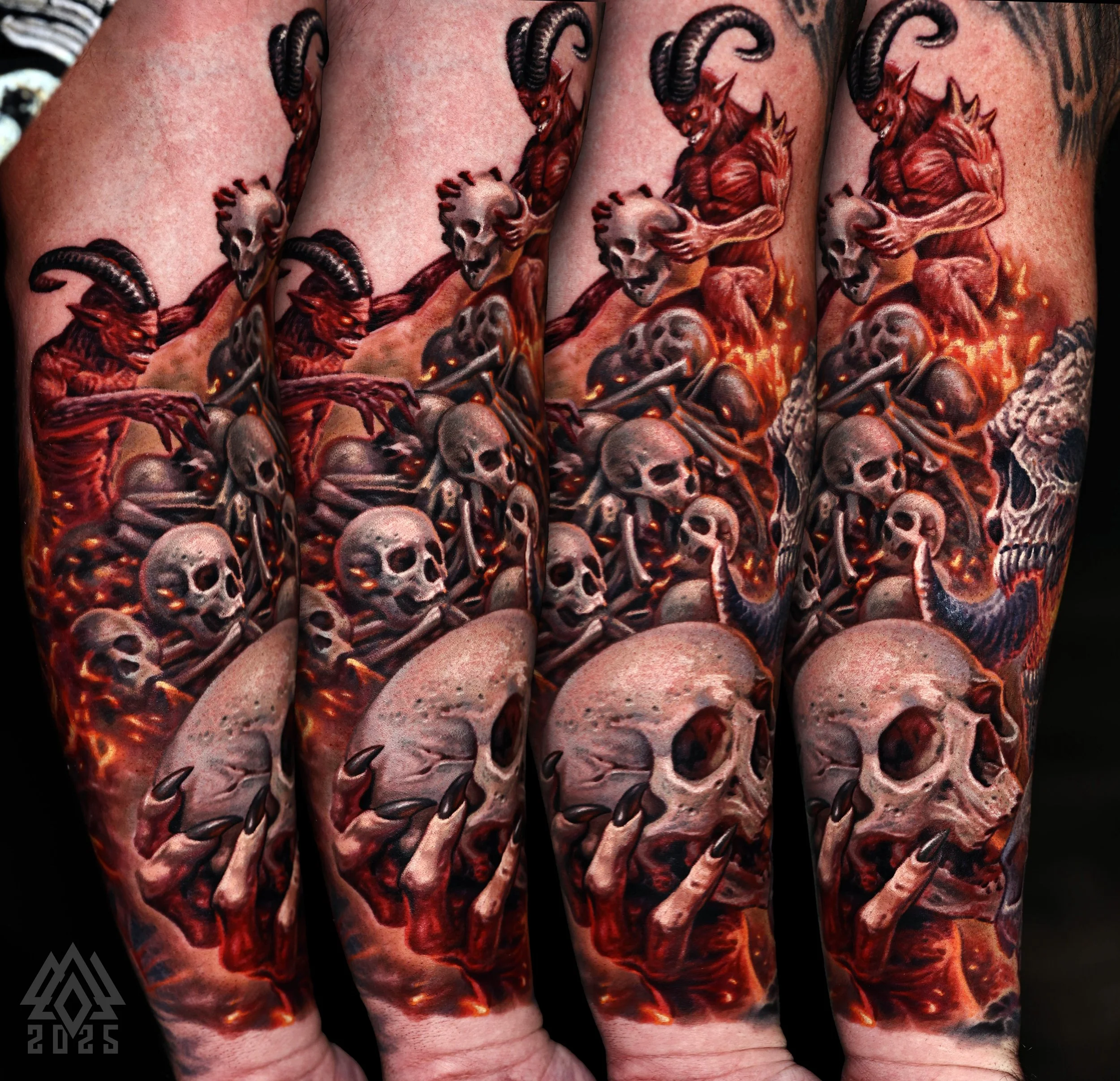 Close-up of a colorful tattoo featuring a demon with horns, skulls, and flames on a person's arm.