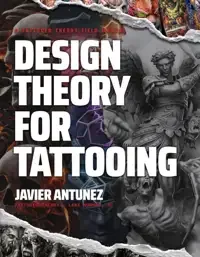Book cover titled 'Design Theory for Tattooing' by Javier Antunez, featuring a collage of tattoo designs and artwork.