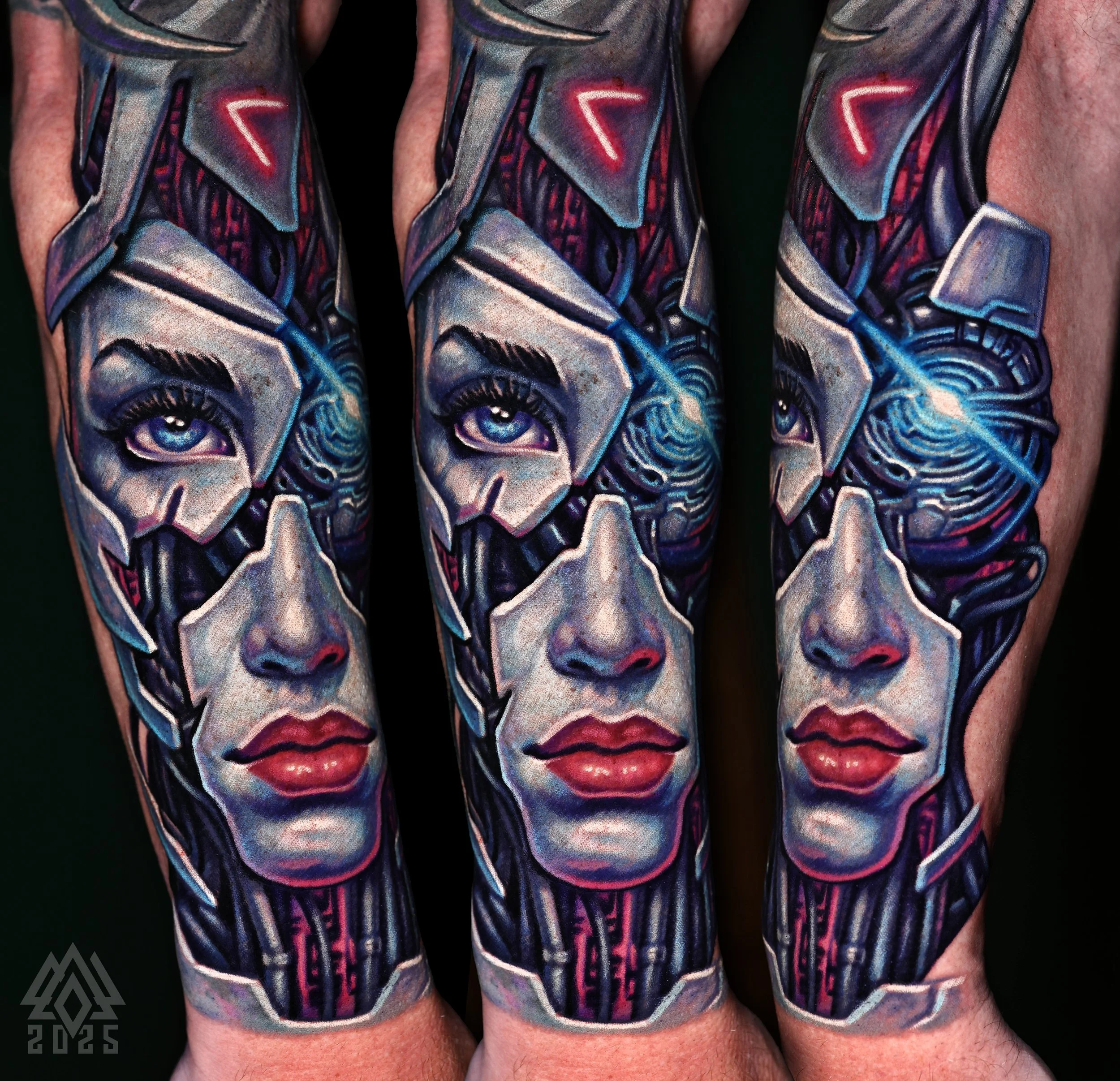 Close-up of a person's arm tattoos featuring numerous detailed, colorful faces, including a woman with blue eyes, set against a dark background.