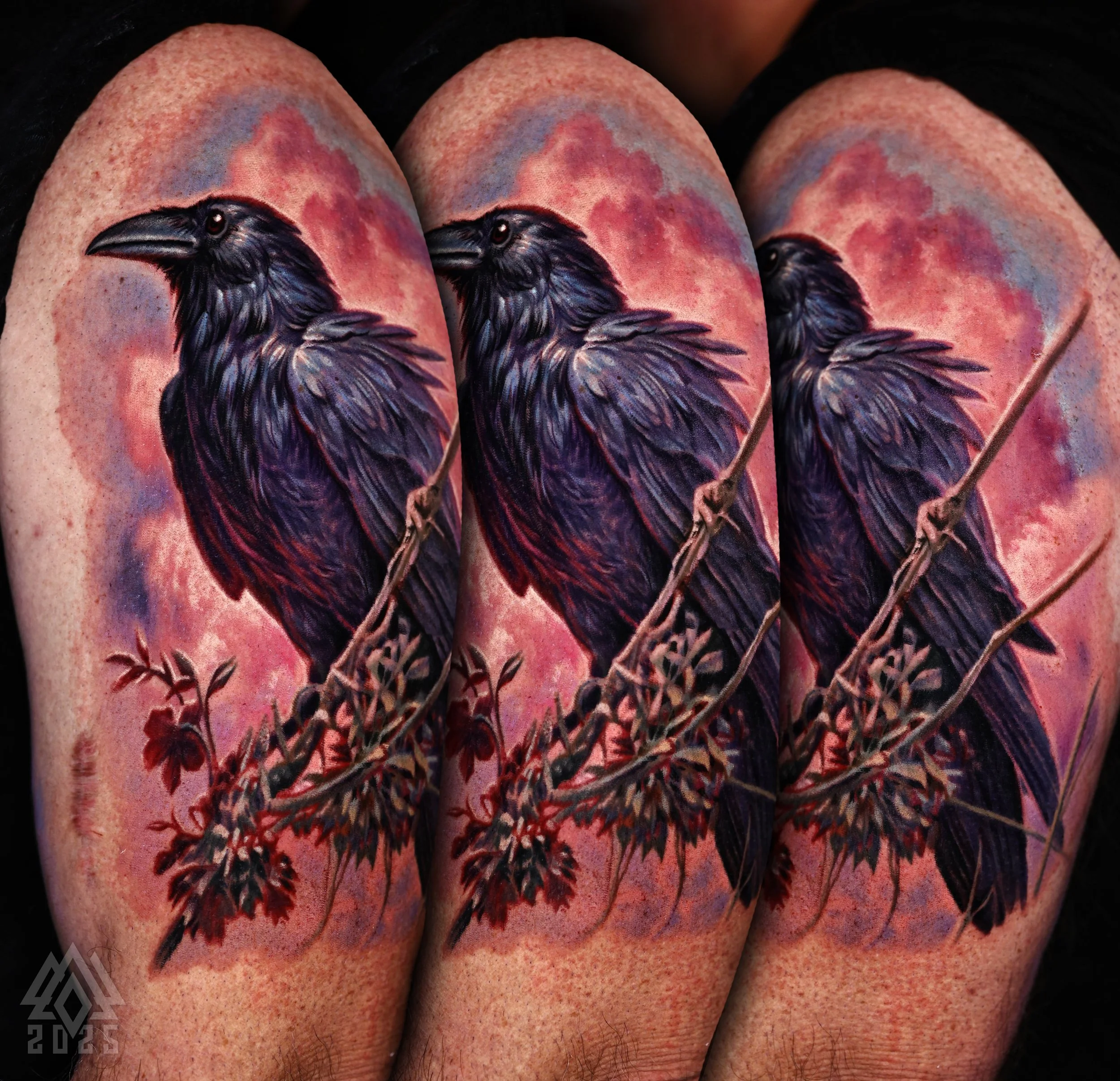 Tattoo of a black crow on a person's arm, with a watercolor background in shades of pink and purple, featuring floral elements at the bottom.