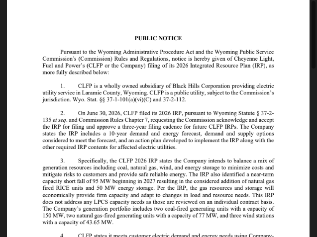 2026 Cheyenne Light, Fuel &amp; Power Integrated Resource Plan PSC Public Notice