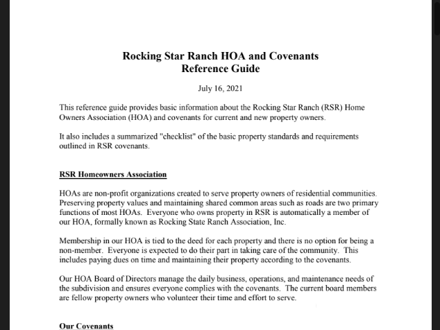 Rocking Star Ranch HOA &amp; Covenants Reference Guide