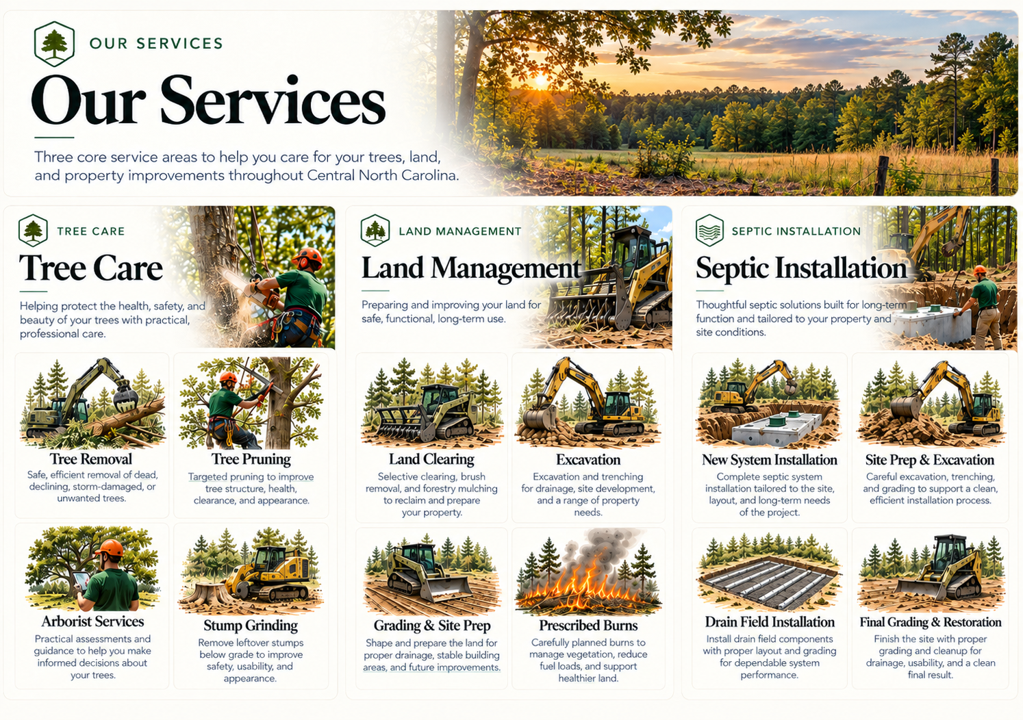 A detailed infographic illustrating tree care, land management, and septic installation services, with images of tools, equipment, and natural landscapes in Central North Carolina.
