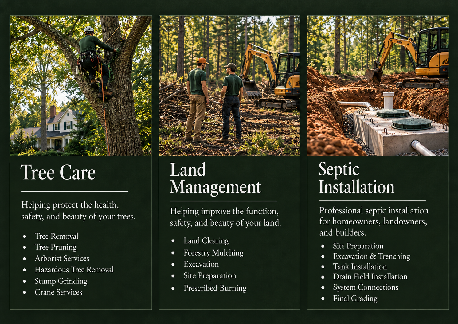 A promotional display divided into three sections: Tree Care with an image of a person climbing a tree, Land Management with two people discussing near a construction site, and Septic Installation showing excavators and septic tanks. Each section includes a list of services offered.
