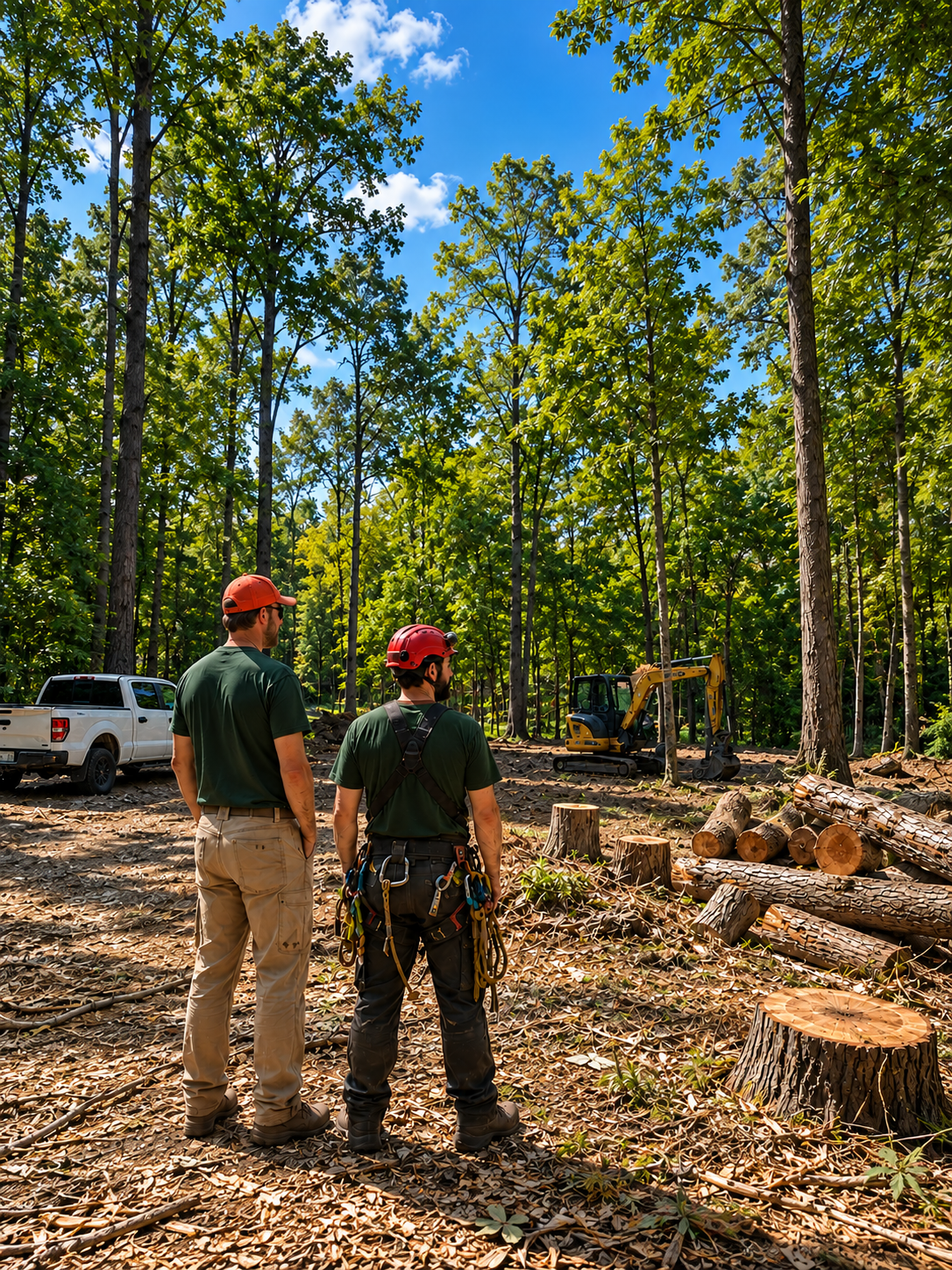 Two men in safety gear, including helmets and harnesses, standing in a forest clearing with cut logs and tree stumps, with a small excavator and a white pickup truck parked among tall green trees under a partly cloudy blue sky.