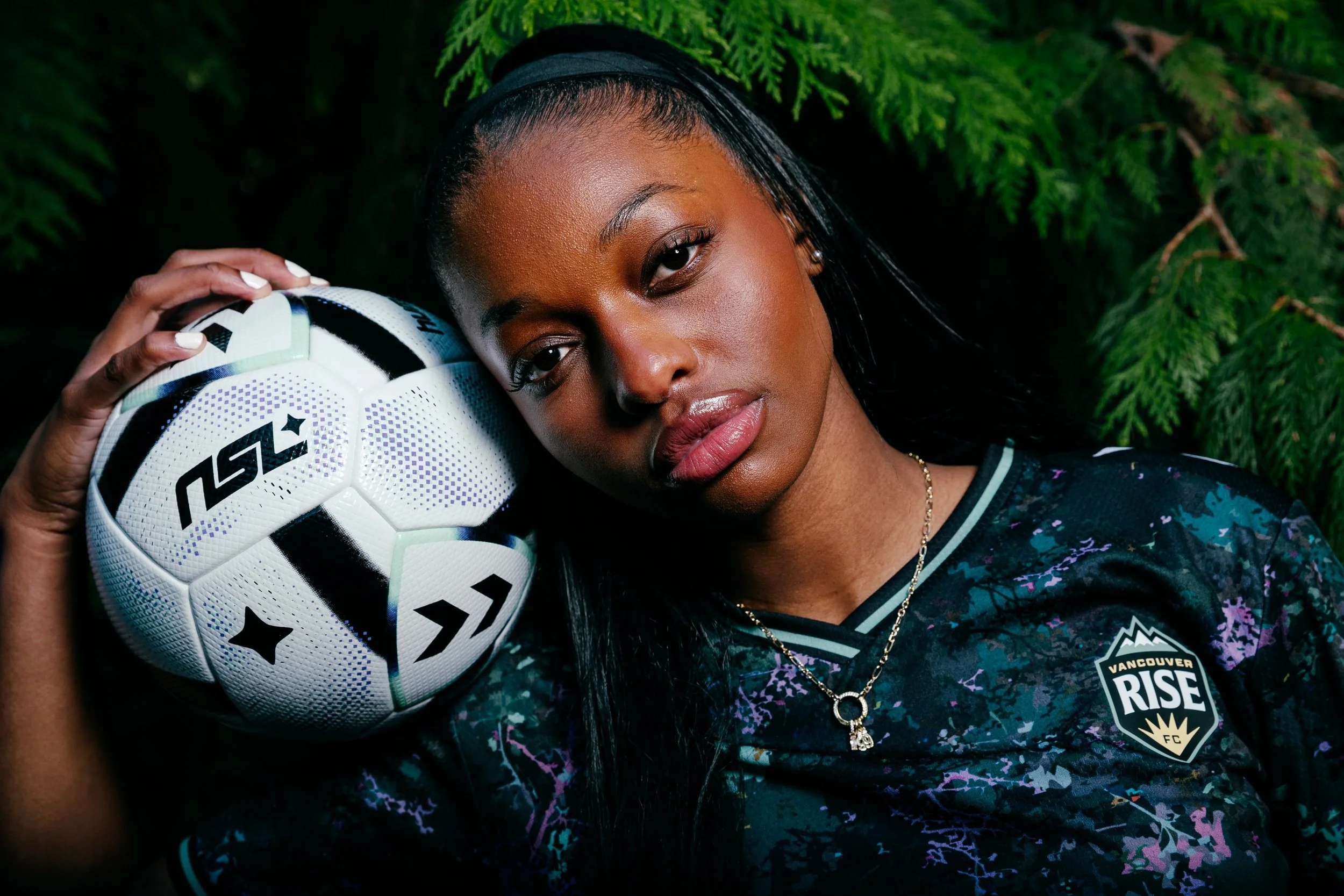 Beau Chevalier photo of Latifah Abdu, Vancouver Rise FC player, as part of the campaign launch for the Northern Super League club's 2026 "After Dark" Home Kit
