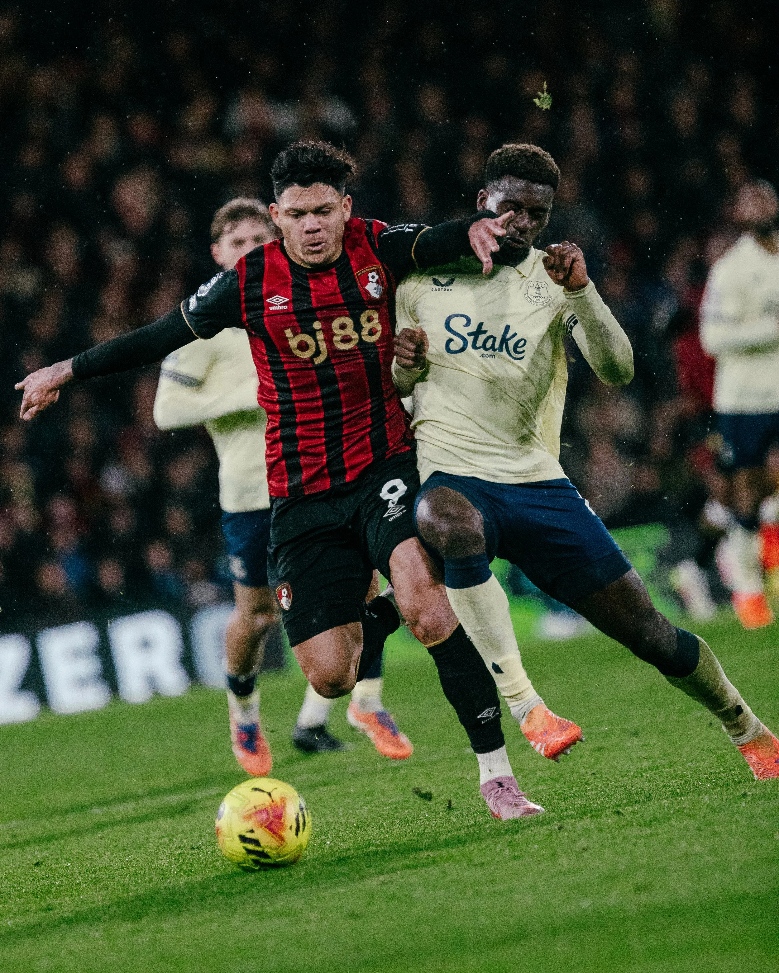 Beau Chevalier photo of soccer tackle between AFC Bournemouth and Everton FC players at the Vitality Stadium in Premier League soccer action