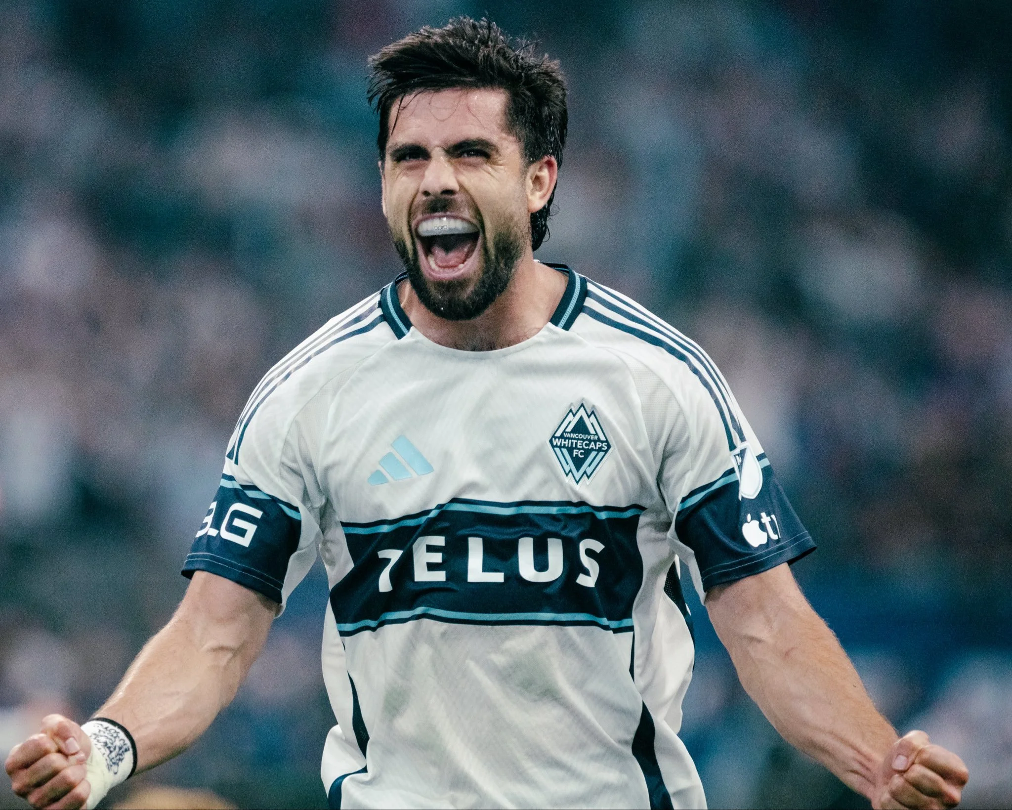 Beau Chevalier photo of Vancouver Whitecaps FC soccer player Brian White goal celebration at BC Place in Vancouver after scoring against FC Dallas