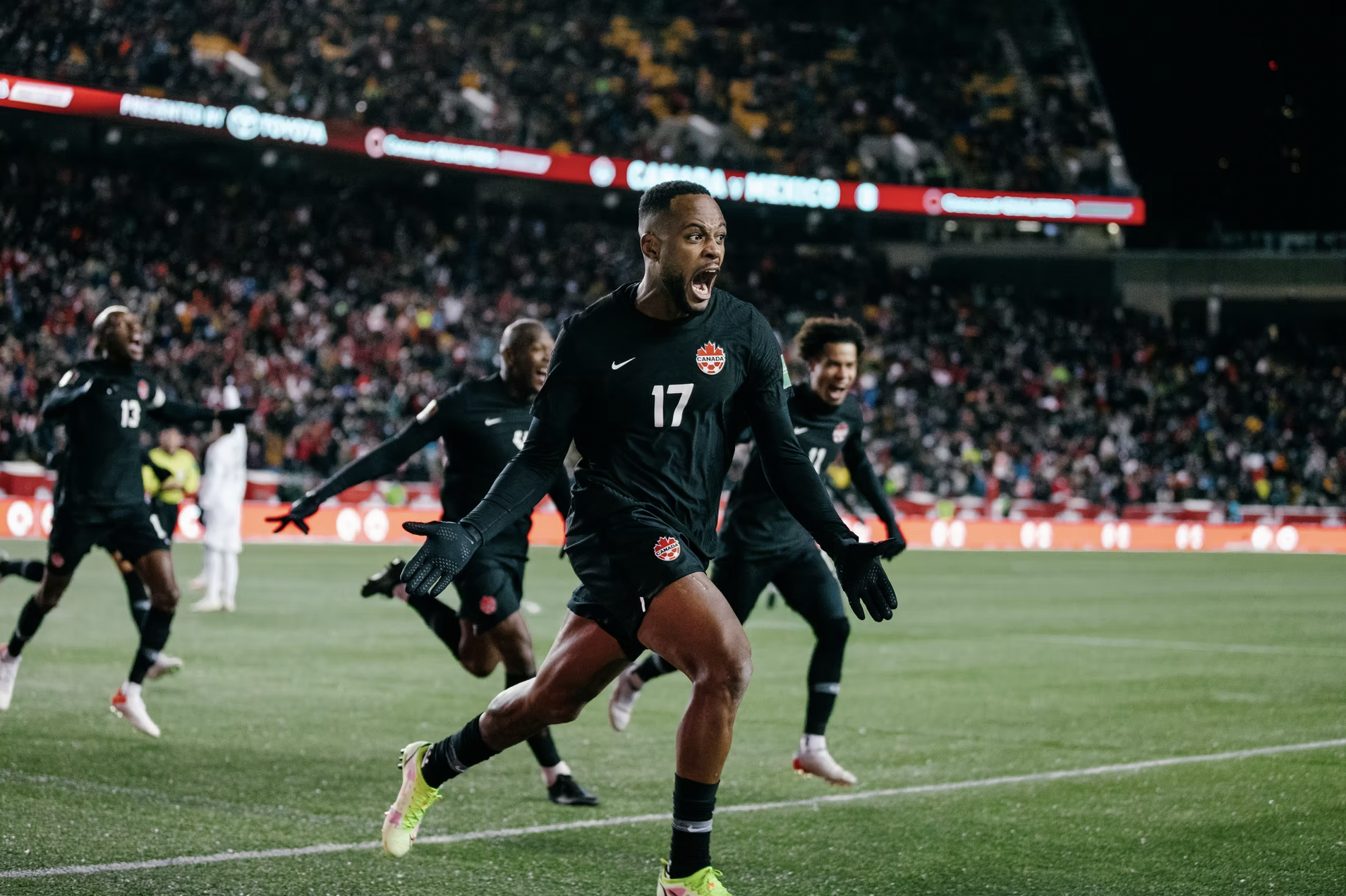 Beau Chevalier photo of soccer player Cyle Larin celebrating goal for Canada Soccer against Mexico in FIFA World Cup 2022 Qualifying Match