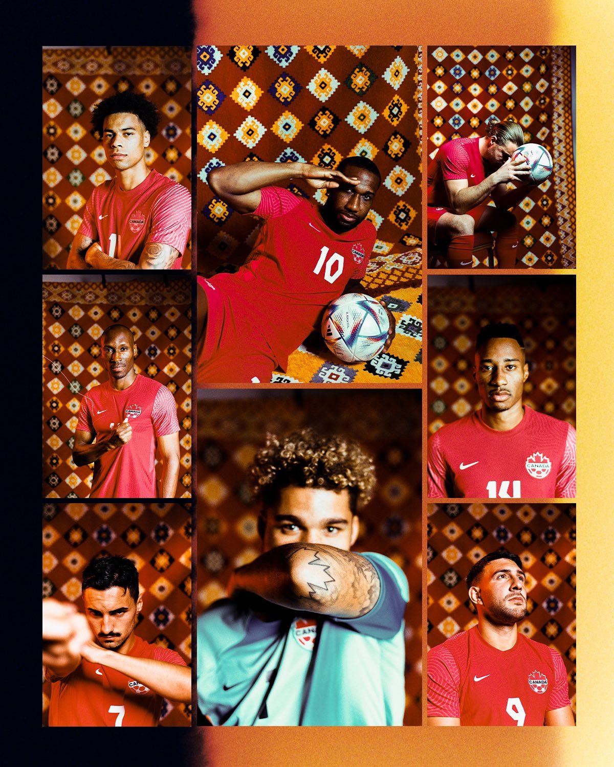 Beau Chevalier photo of Tajon Buchanan, Junior Hoilett, Dayne St. Clair, Lucas Cavallini, Mark Anthony Kaye, Samuel Piette, Stephen Eustáquio, and Atiba Hutchinson in Qatar for Canada Soccer ahead of the FIFA World Cup 2022 Qatar