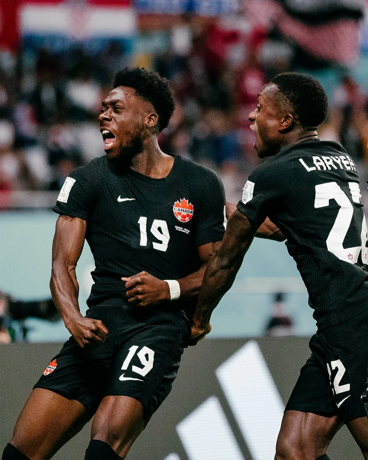 Beau Chevalier photo of Alphonso Davies scoring the first goal for the Canadian Men's National Team at a FIFA Men's World Cup against Croatia at the FIFA World Cup 2022 Qatar