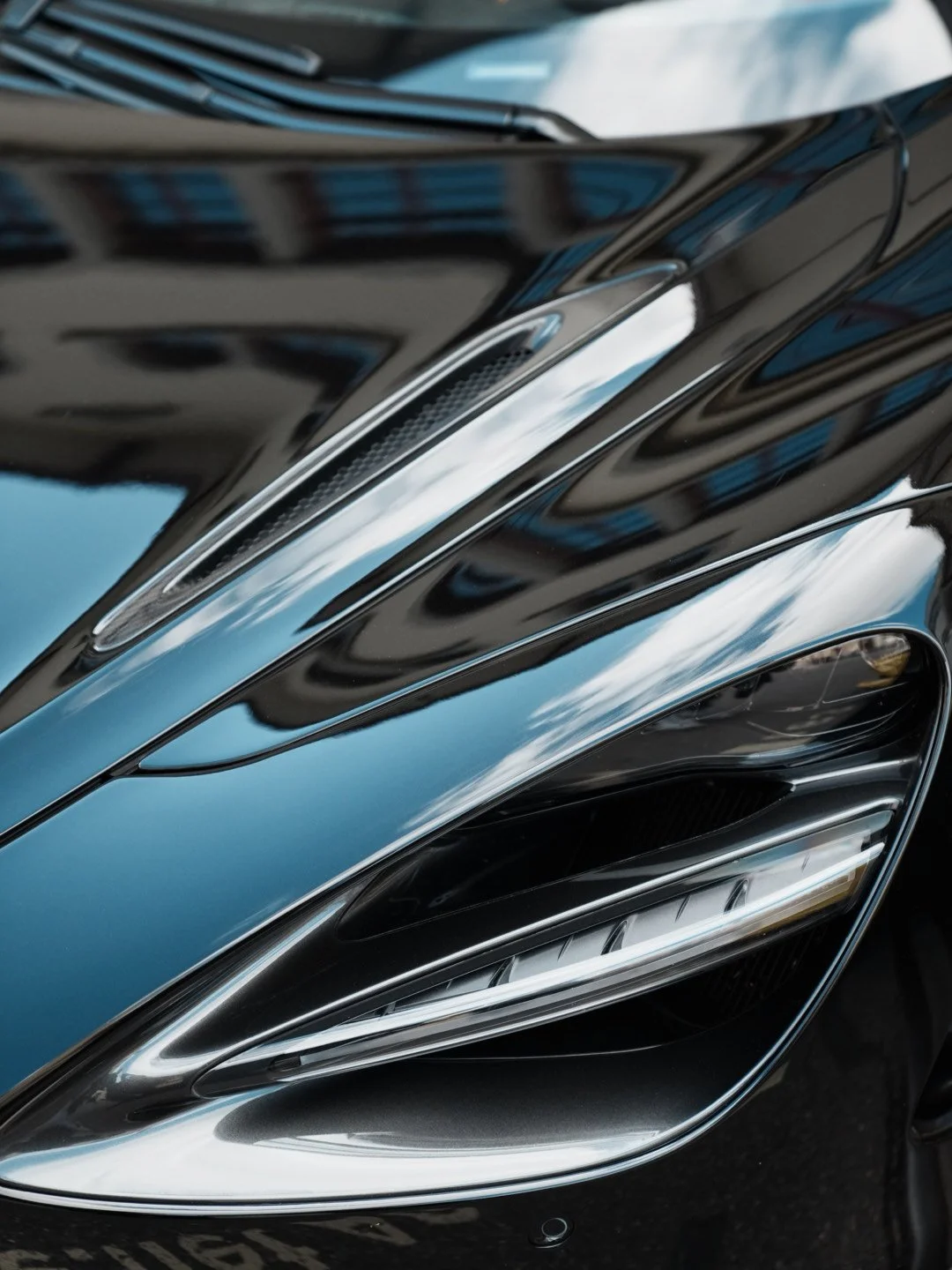 Close-up of a black luxury car's headlight and hood, with reflections of the sky and buildings visible on the shiny surface.