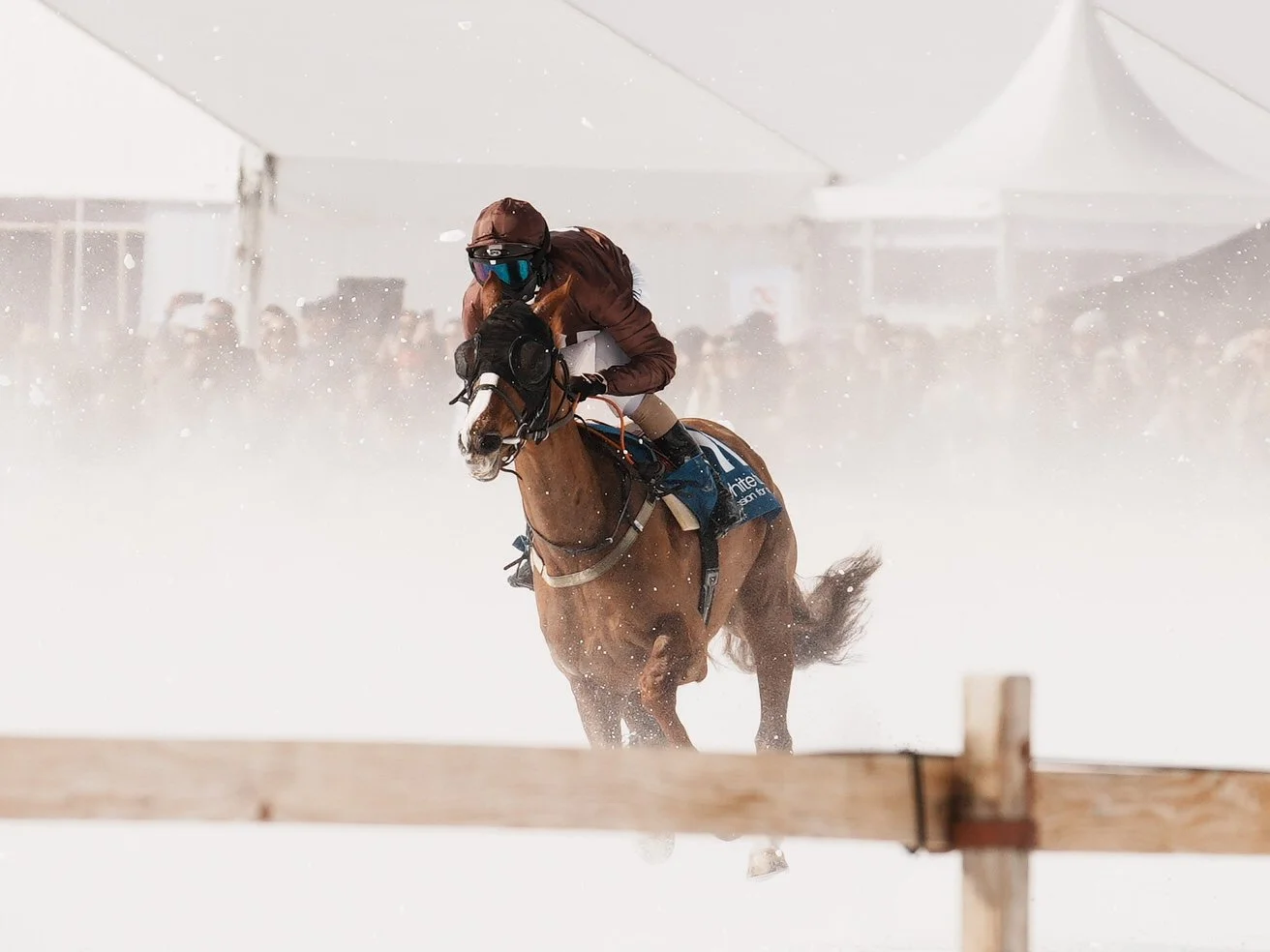 A jockey riding a horse in a snowy race, with spectators and tents in the background.