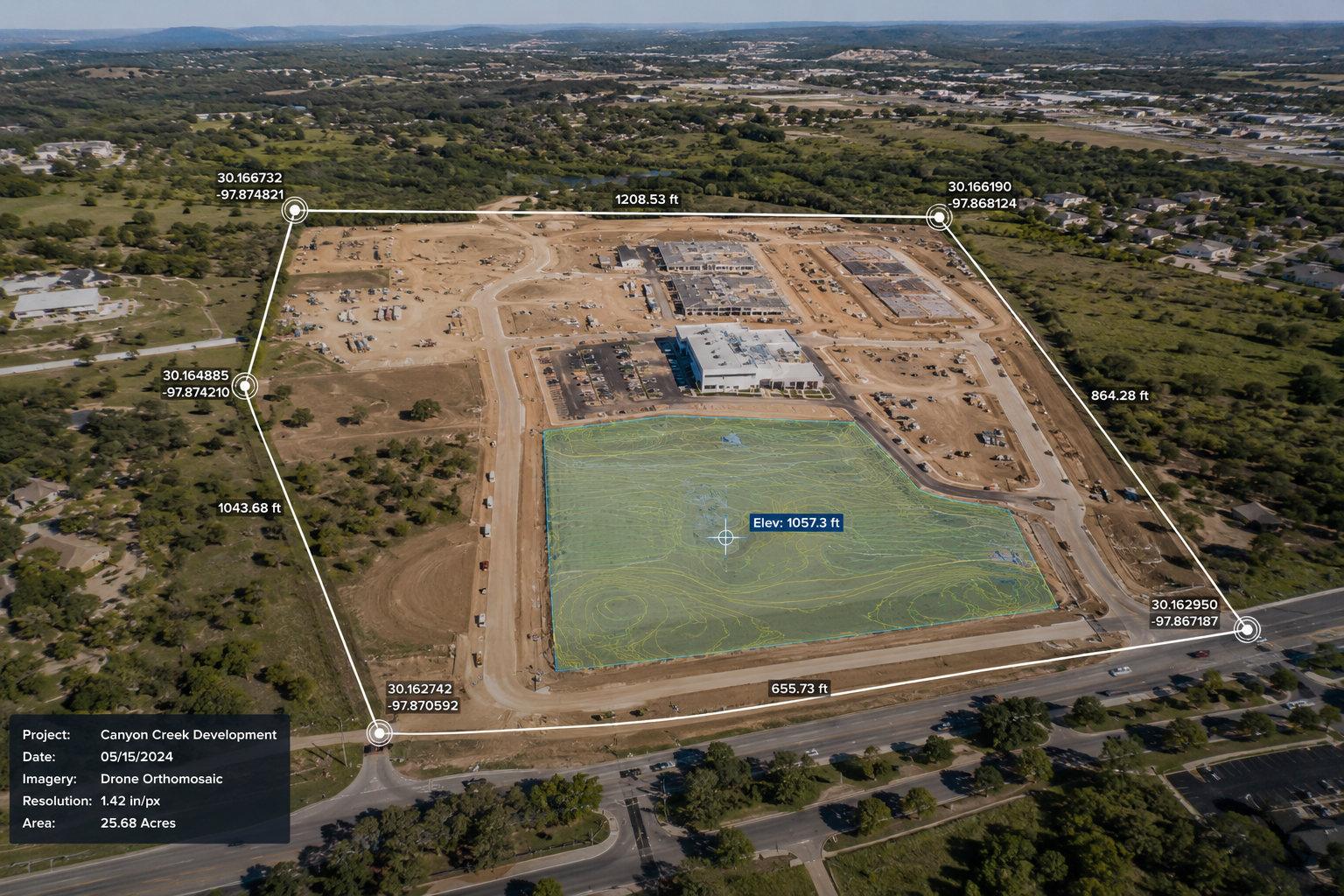 Aerial view of a construction site with a highlighted plot of land, measuring approximately 25.68 acres, surrounded by roads and nearby buildings. The site is part of the Canyon Creek Development project, dated May 15, 2024, captured using drone orthomosaic photography, with 1.42 inch per pixel resolution. The image shows measurement lines, coordinates, and elevation data.