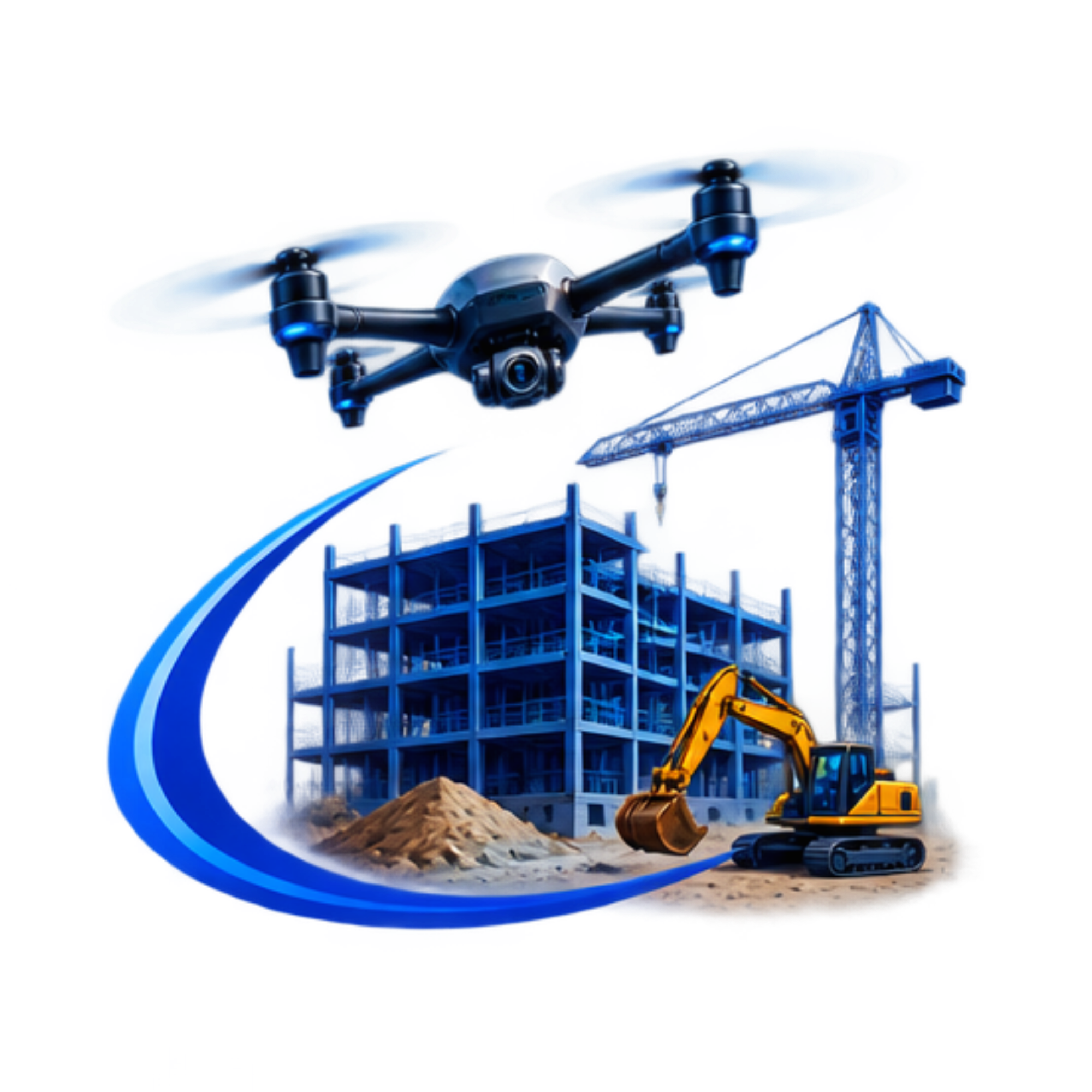 A drone is flying in the air near a construction site with a crane, and a construction vehicle is on the ground nearby.
