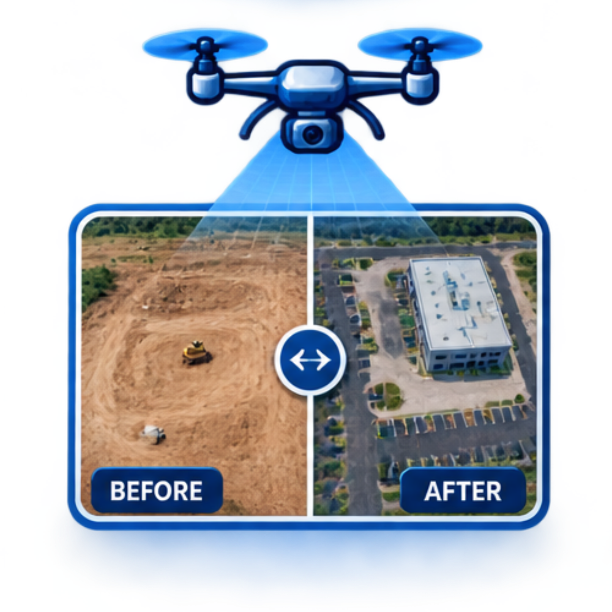 Comparison of an area of land before and after construction, with a drone flying overhead in the illustration.
