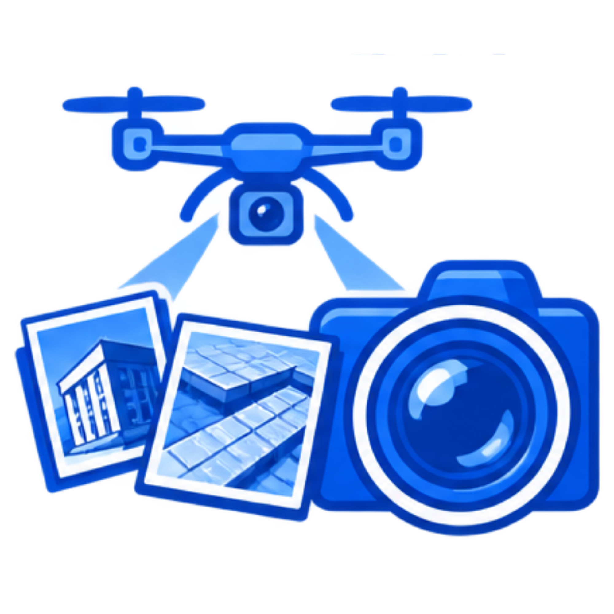 A blue line drawing of a drone with four propellers, a camera in the front, and navigation symbols surrounding it.