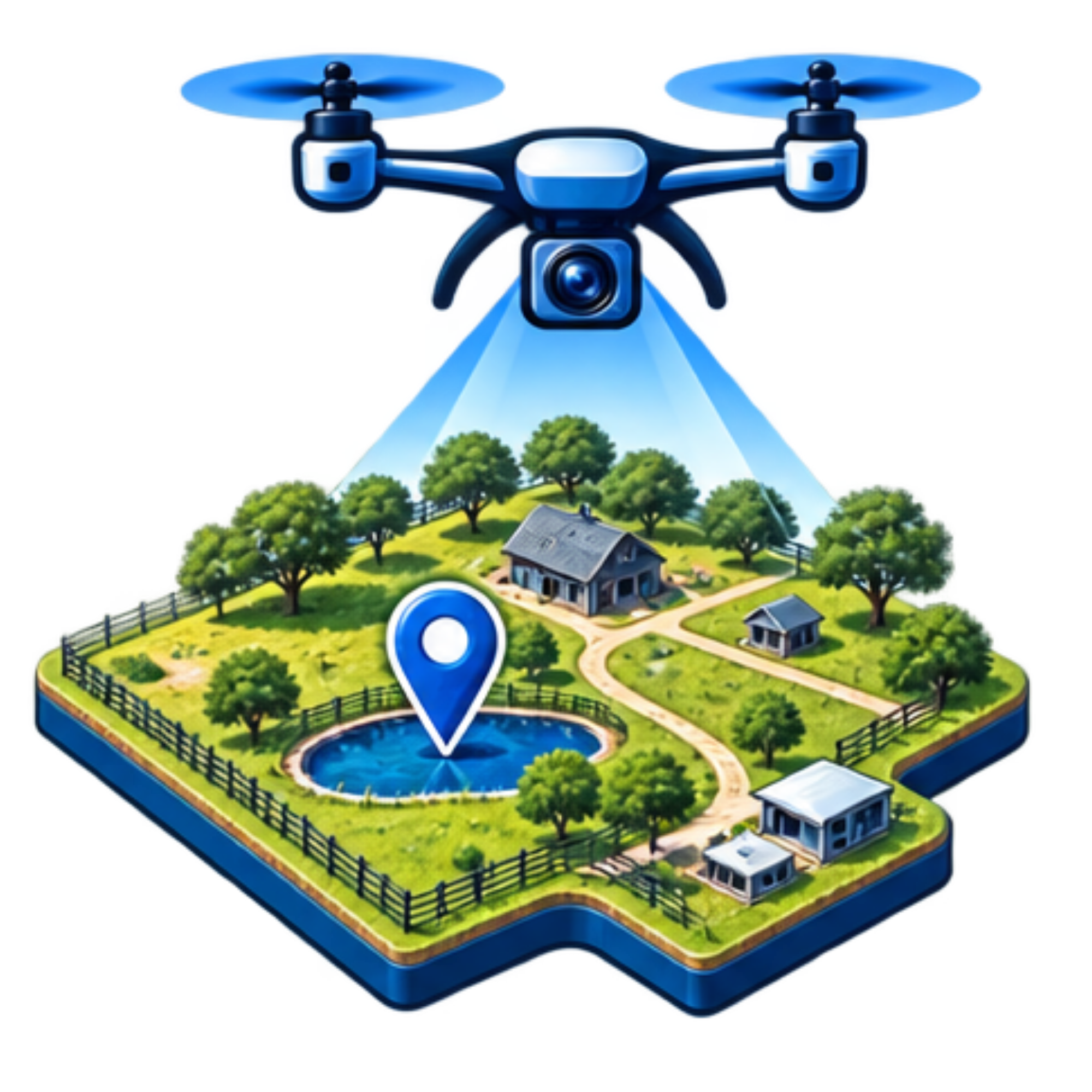 An illustration of a drone with drones flying above a miniature countryside landscape, including houses, trees, and a pond.