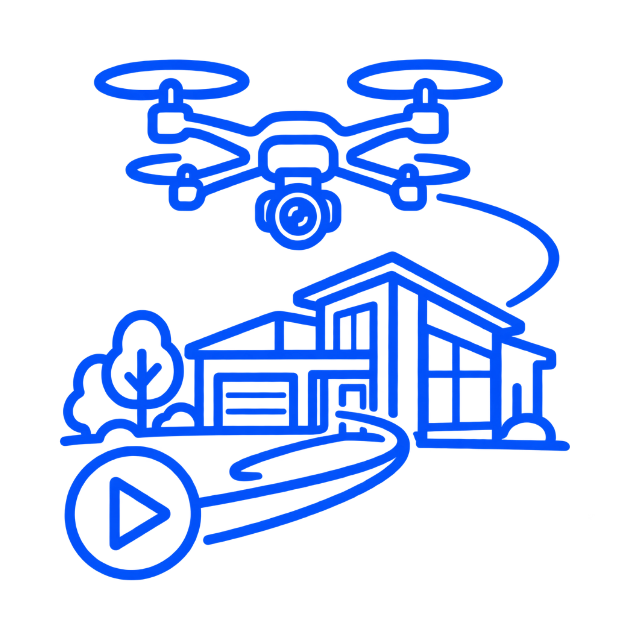 A neon blue outline of a drone with four rotors placed over a dark background.