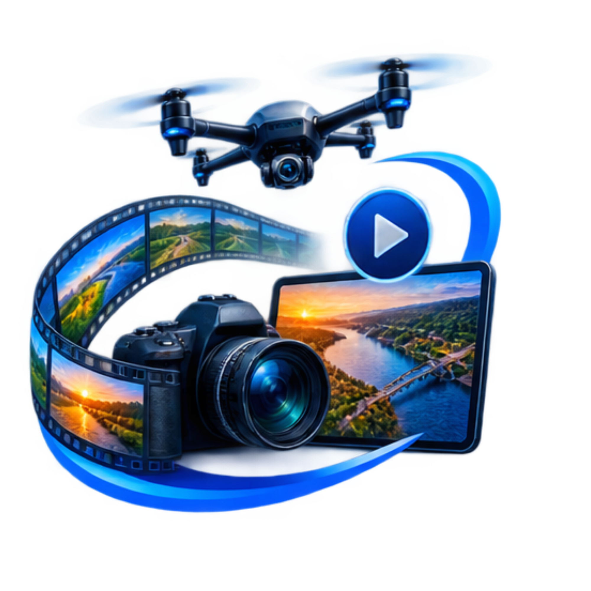 A drone flying above a landscape with a river and mountains, with a film reel displaying the landscape scene and an overlay of a play button in front of the reel.