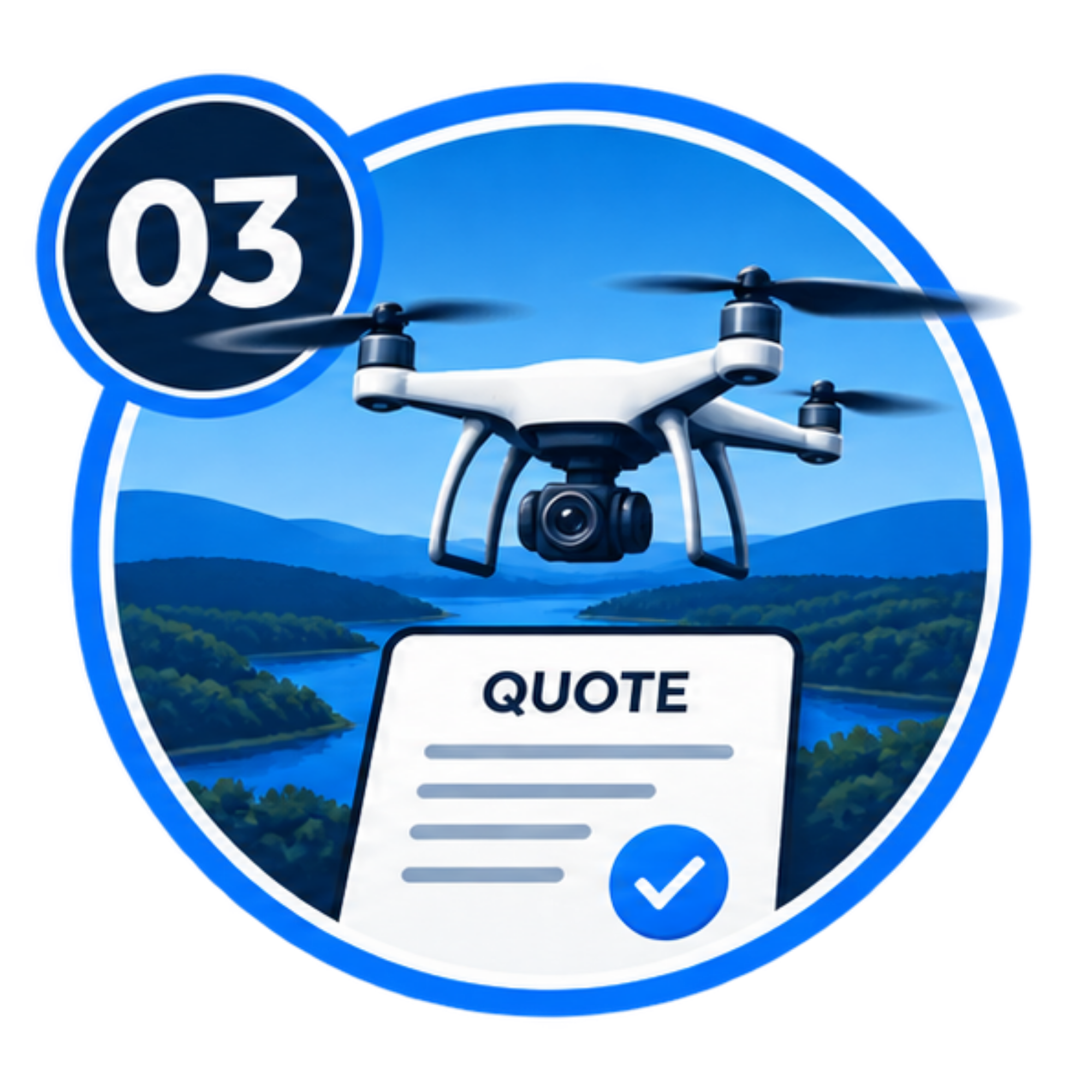 A drone captures a scenic landscape with lakes and mountains in the background, overlayed with a badge that has the number 03 and the words 'Quote' and a checkmark.