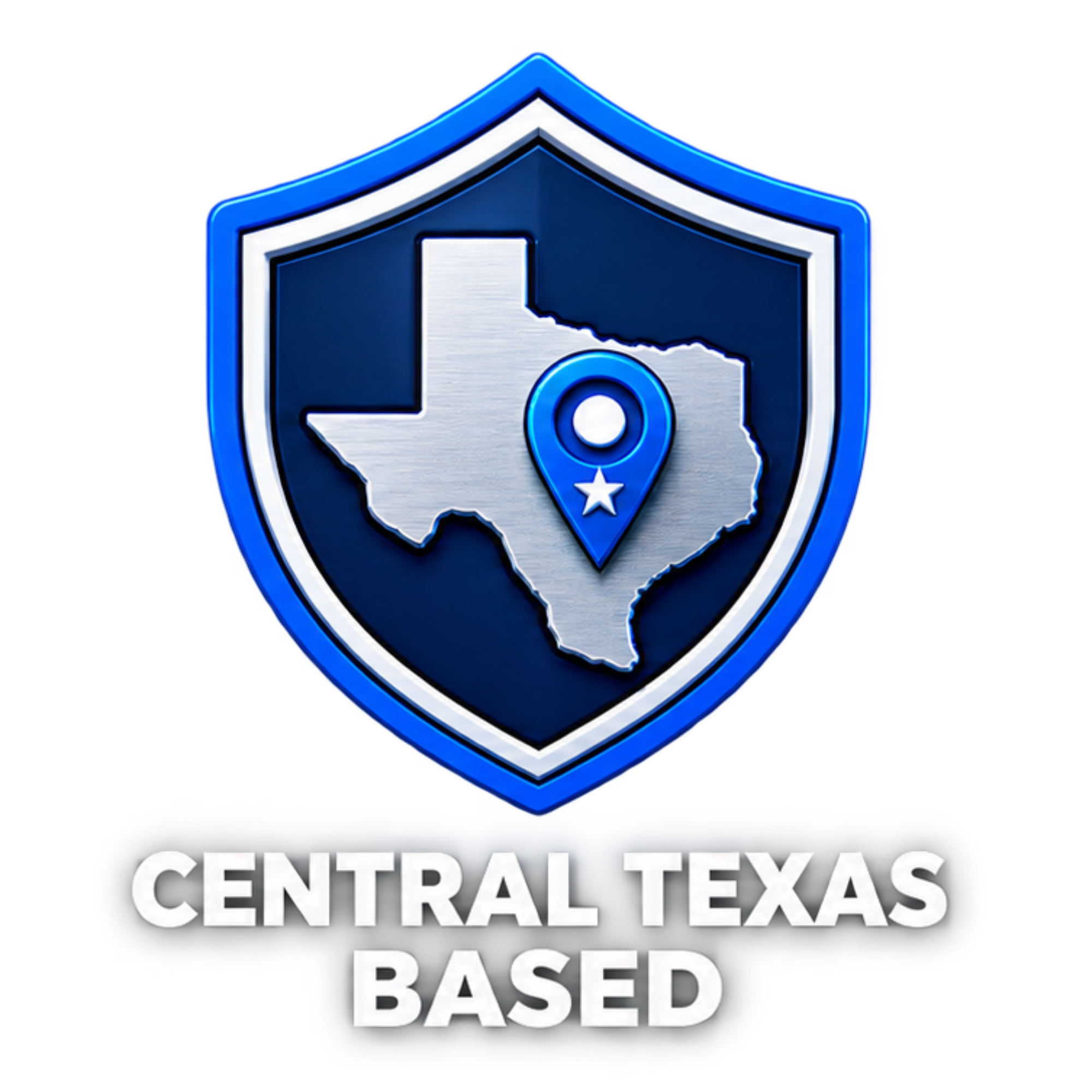 Security badge with shield and Texas map, indicating central Texas location, with text 'Centered Texas' and 'Based'.