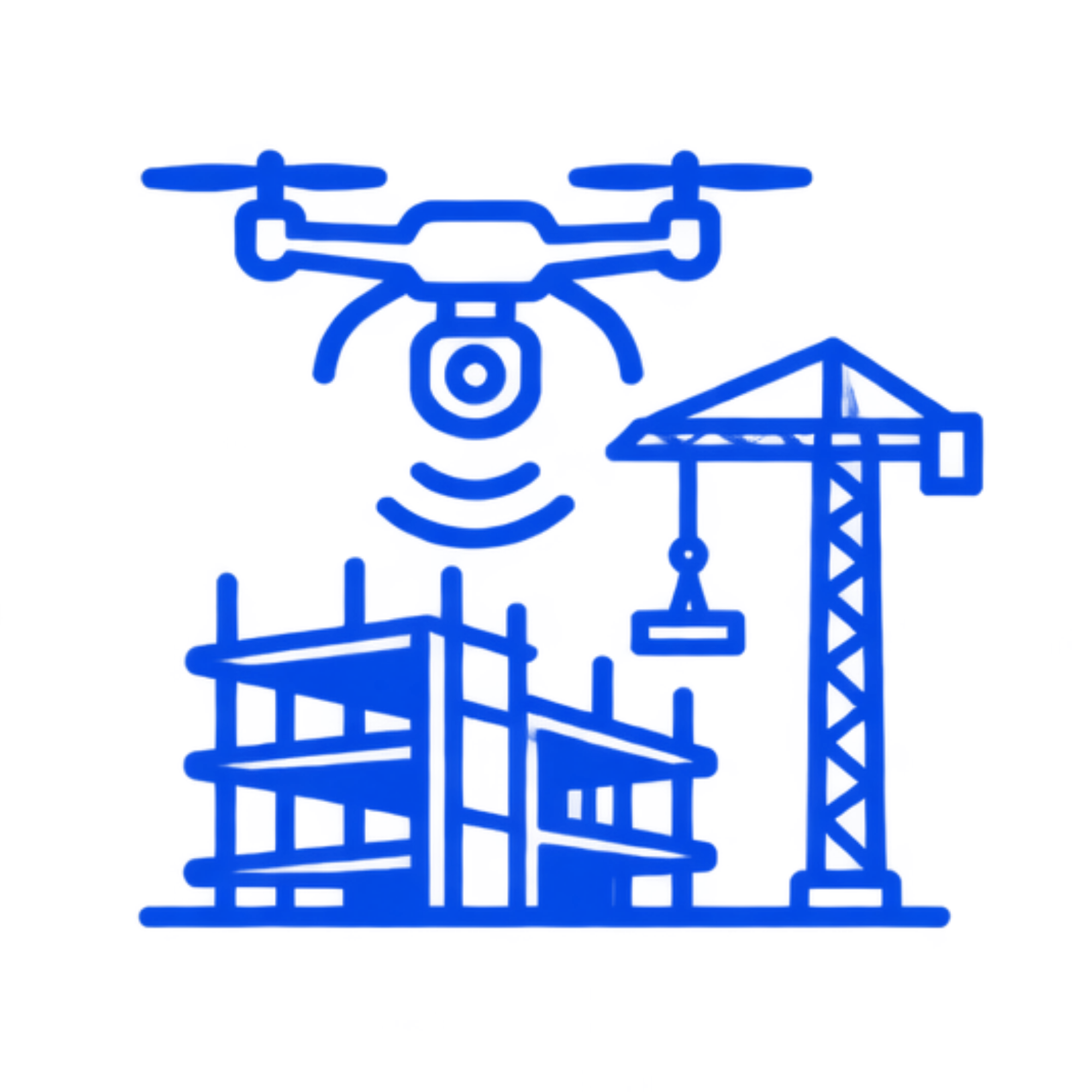 Sign with a blue outline of a drone with a camera underneath, indicating drone operating zone.