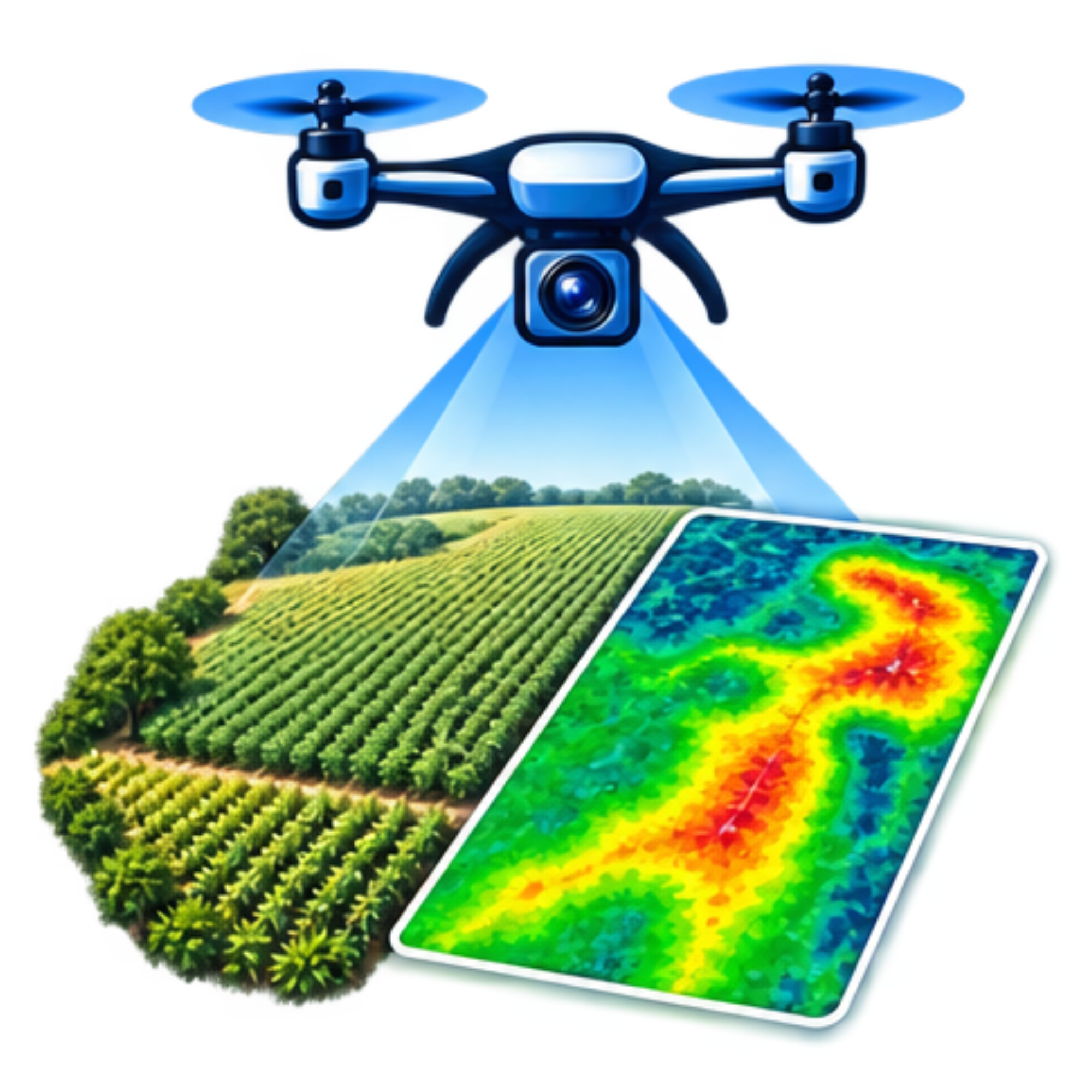 A drone flying over farmland with a weather radar image displayed on a tablet below.