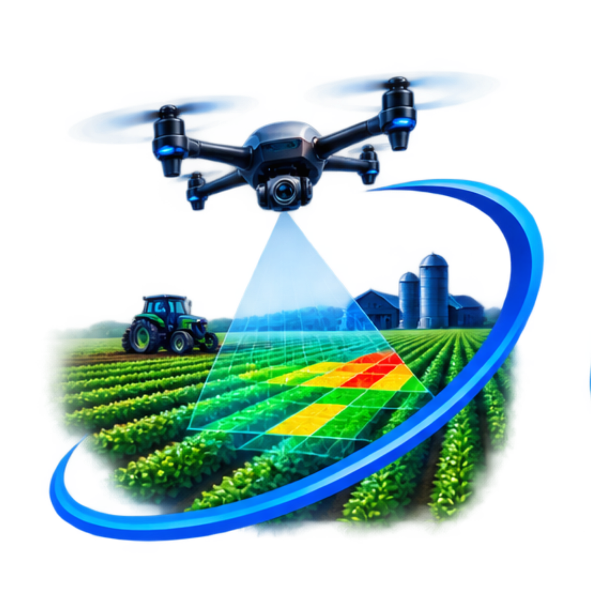 A drone flying over a agricultural field with a colorful 3D visualization of data, crops, and technology network, demonstrating precision farming and agricultural technology.