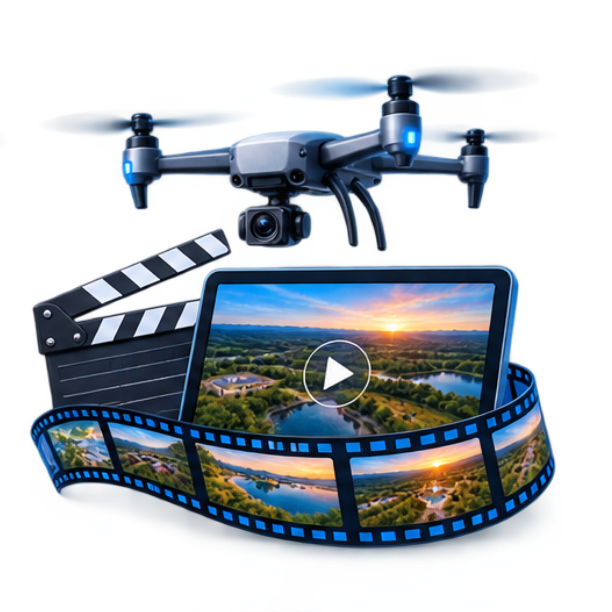 A drone with four propellers capturing a sunset over a landscape includes a camera and a clapperboard in the foreground.