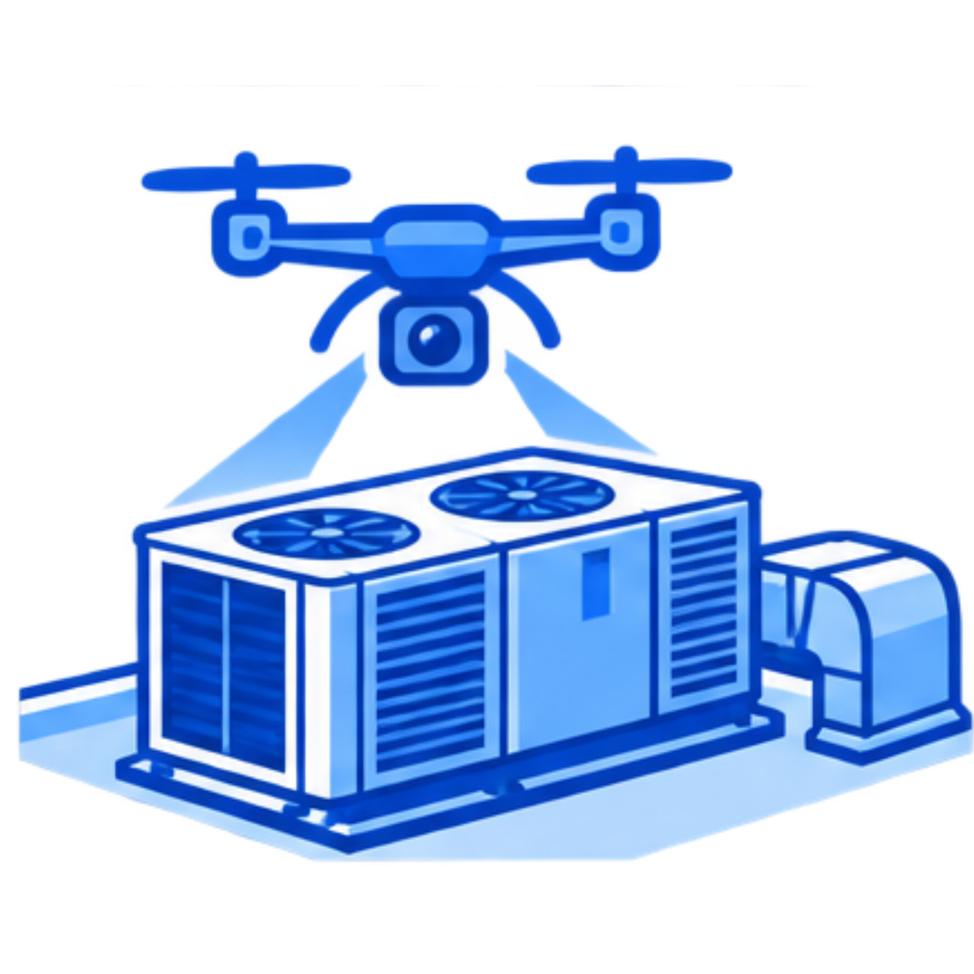 Illustration of a drone hovering over a building with a camera attached, set against a blue background.