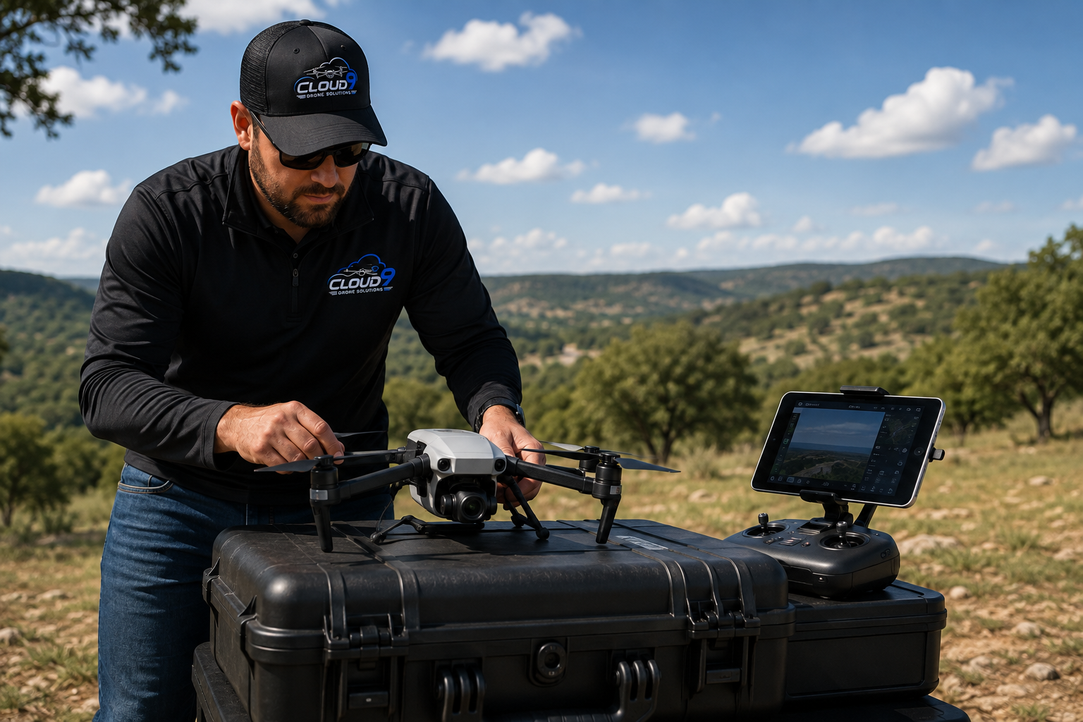 A man wearing sunglasses, a black Cloud 9 drone Solutions hat and black jacket with a logo, operating a drone outdoors on a black case with a remote control and a tablet, with trees and hills in the background under a partly cloudy sky.