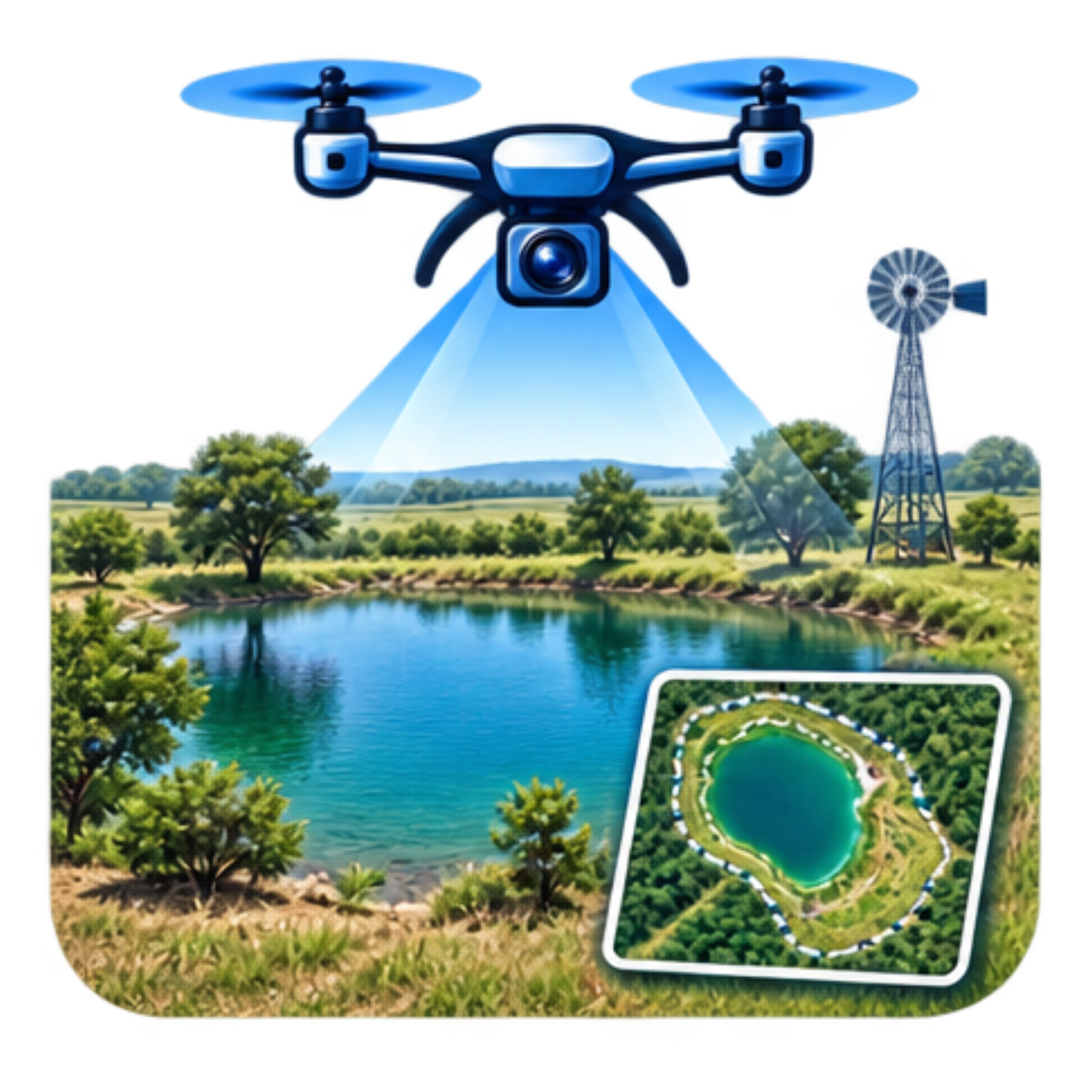 A digital illustration of a drone flying over a park with trees and a body of water, with a laser beam projected downward from the drone and a windmill in the background.
