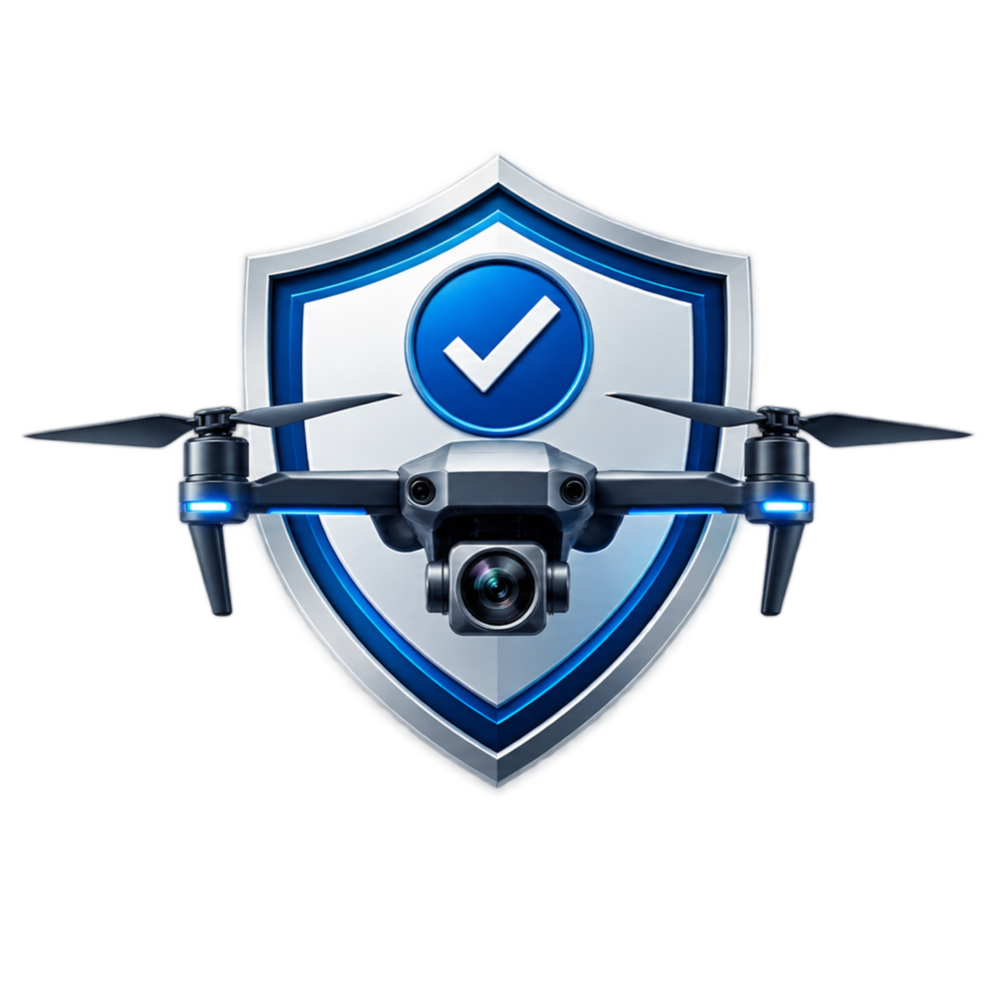 A digital illustration of a security badge with a shield, a check mark in the center, and a drone in front of it.