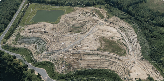 A large terraced mining or construction site with multiple levels, a pond at the top, and surrounding green vegetation.
