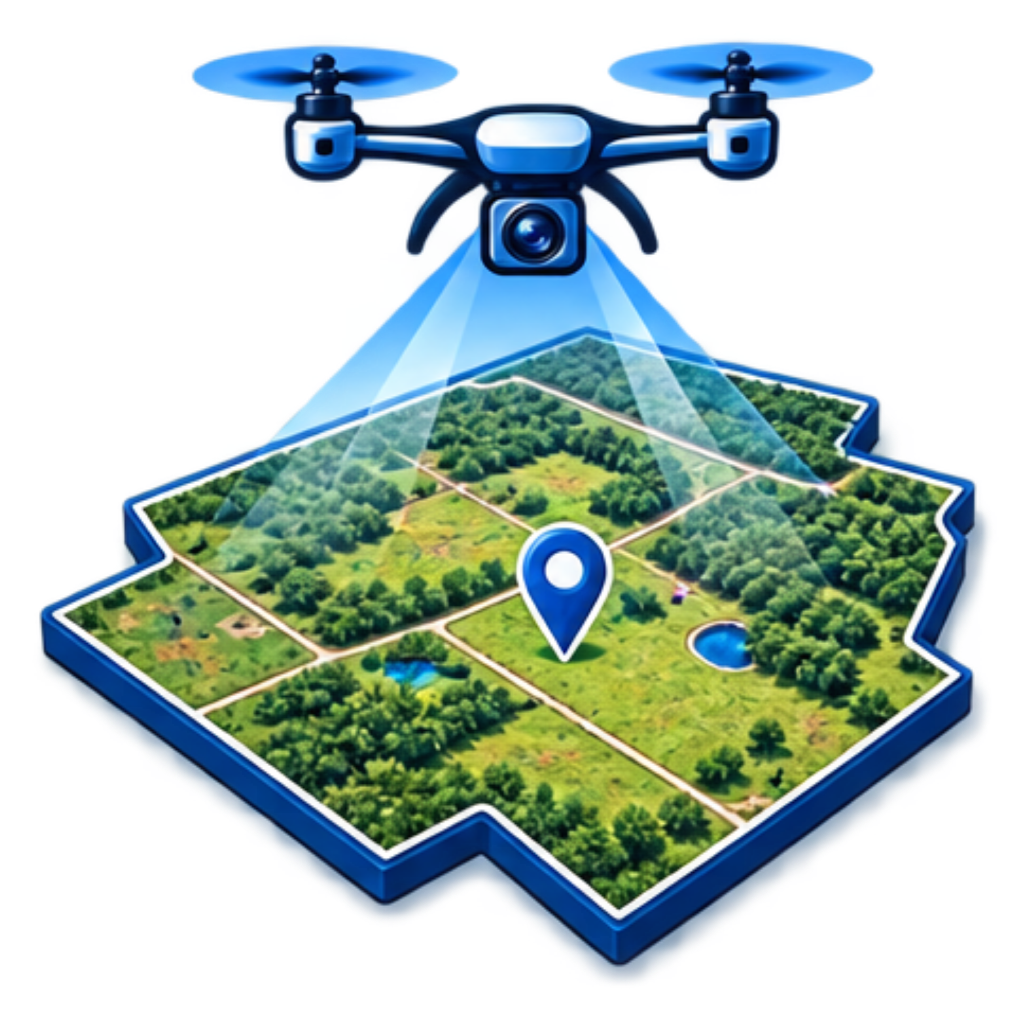 Digital drone hologram projecting 3D map view of green fields and landscape.