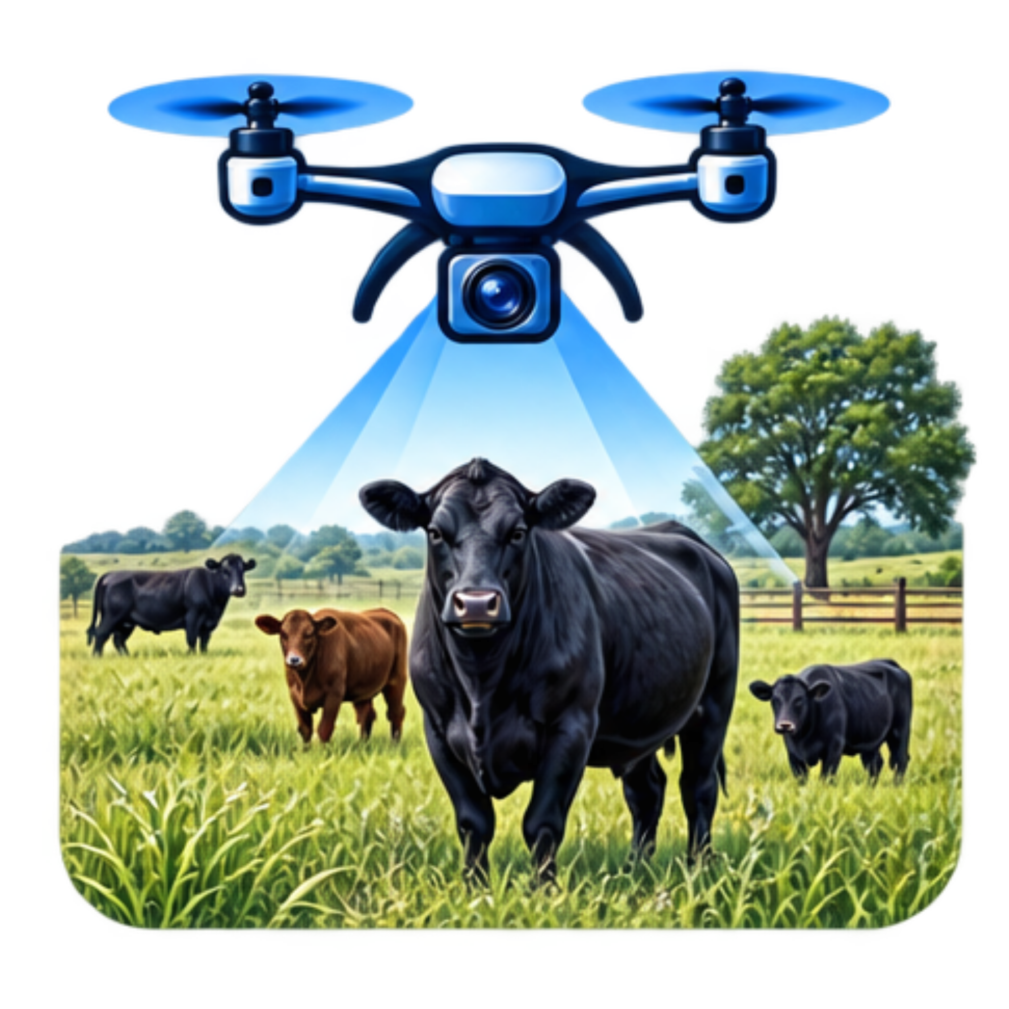 A drone flying over a green farm with cows, sheep, and trees.