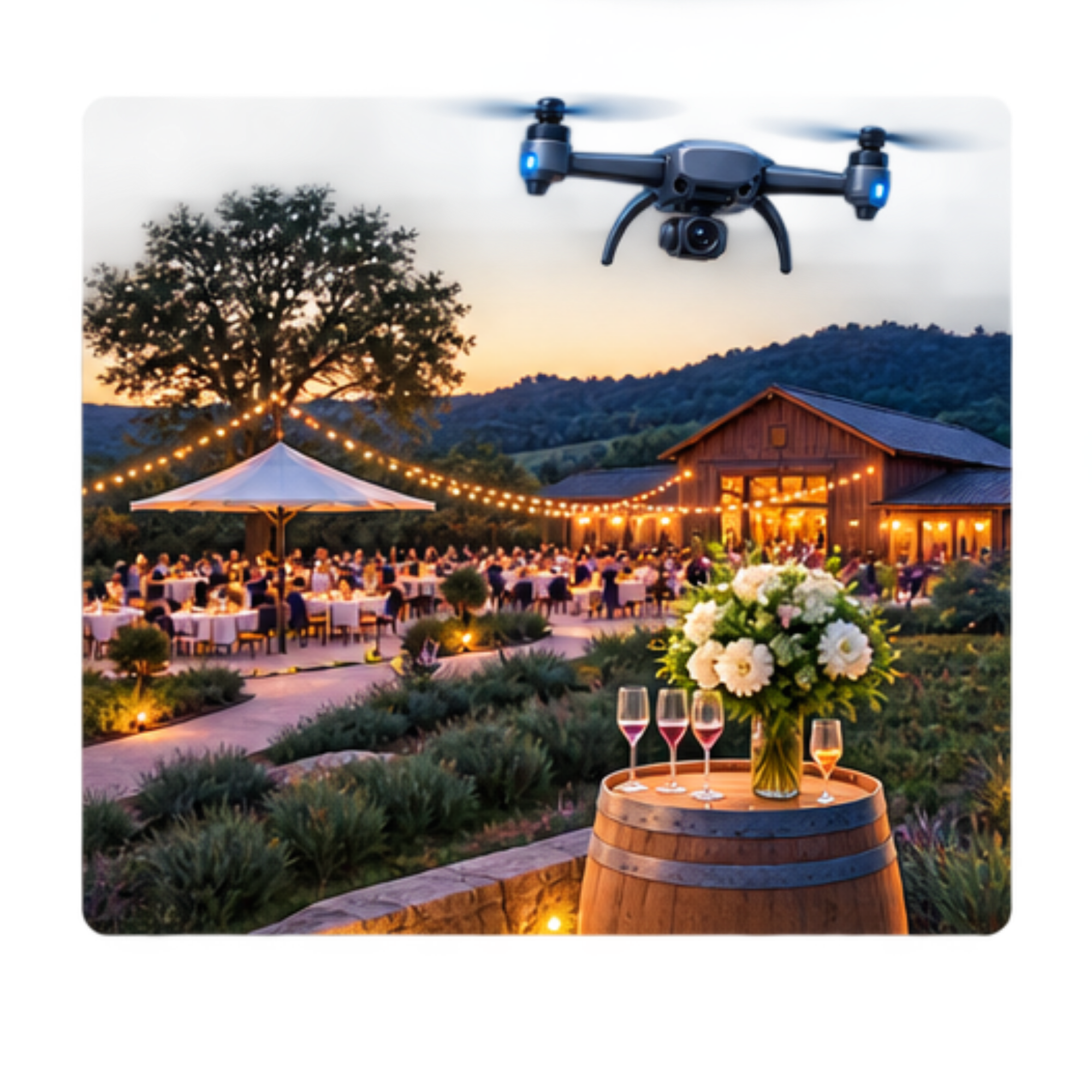 A drone flying over an outdoor wedding reception in a scenic rural setting during sunset, with a barn, string lights, tables, and floral arrangements visible.