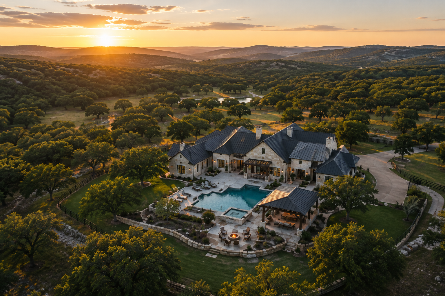 A large house with a swimming pool and hot tub, surrounded by trees and a fenced yard, under a sunset sky in a rural landscape.