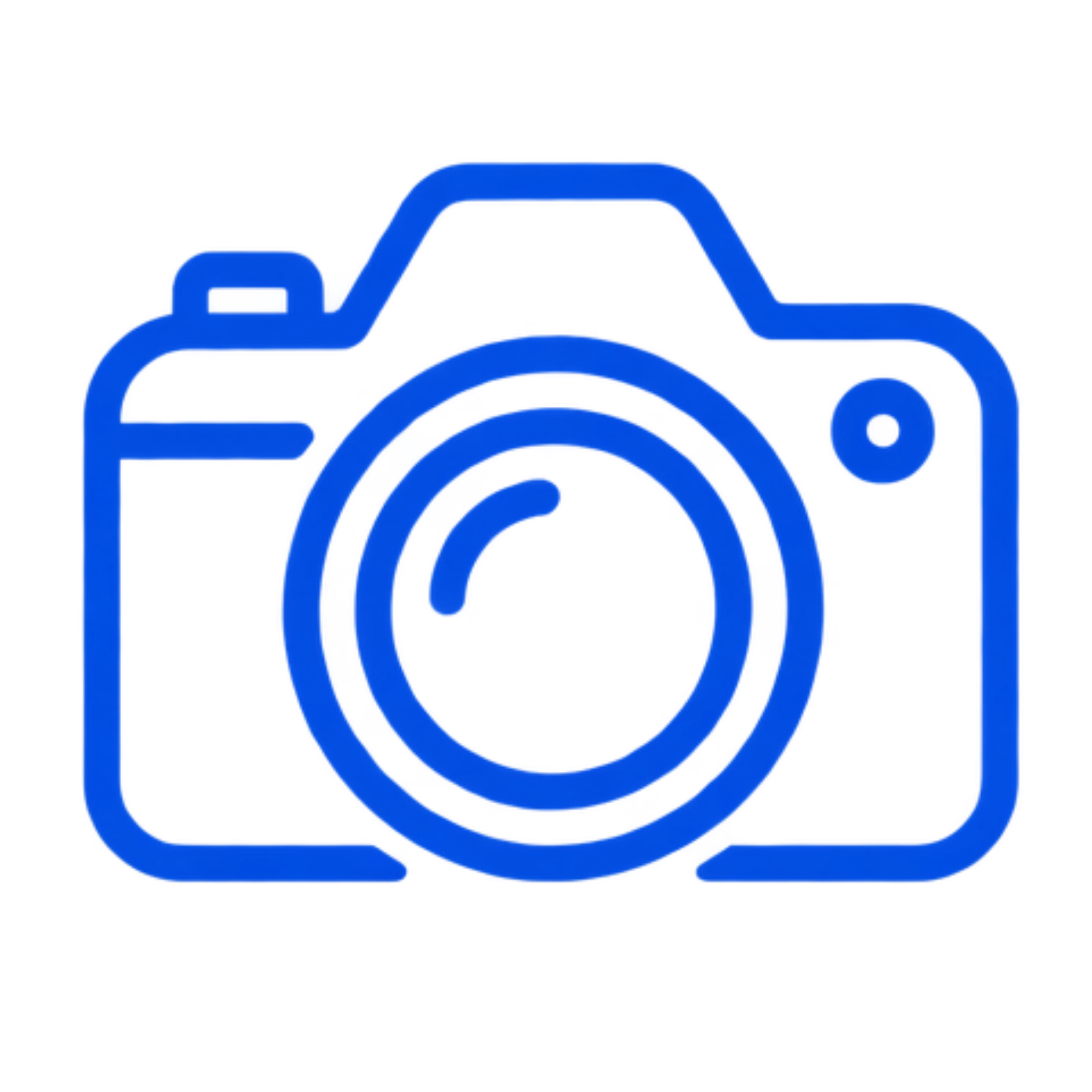 Close-up of a blue neon sign with concentric circles and a camera icon.