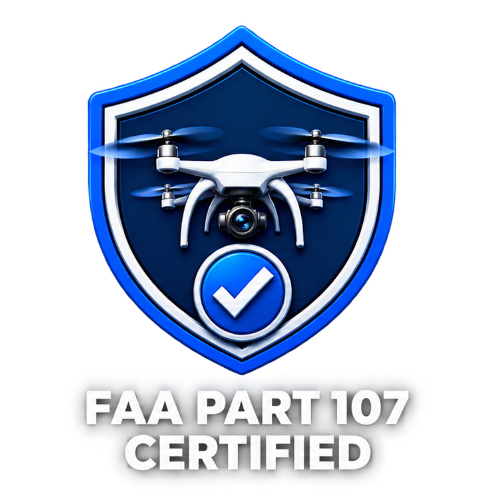 A blue shield-shaped badge with a drone flying in front of it. Below, a gray banner with white text reads 'FAA PART 107 CERTIFIED.'