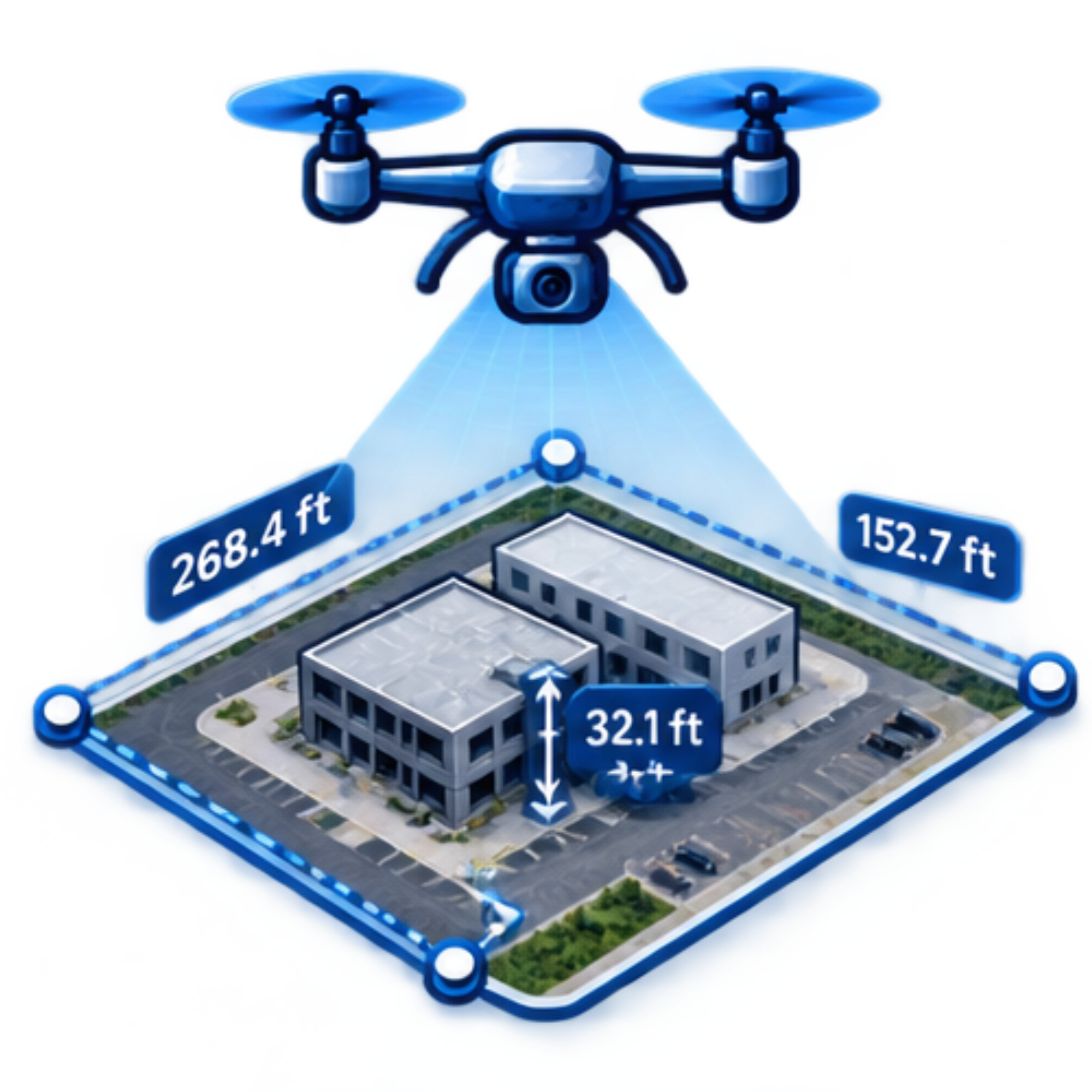 A 3D digital illustration of a drone flying over a cityscape, with a wide-angle view and measuring distances marked on a futuristic map.