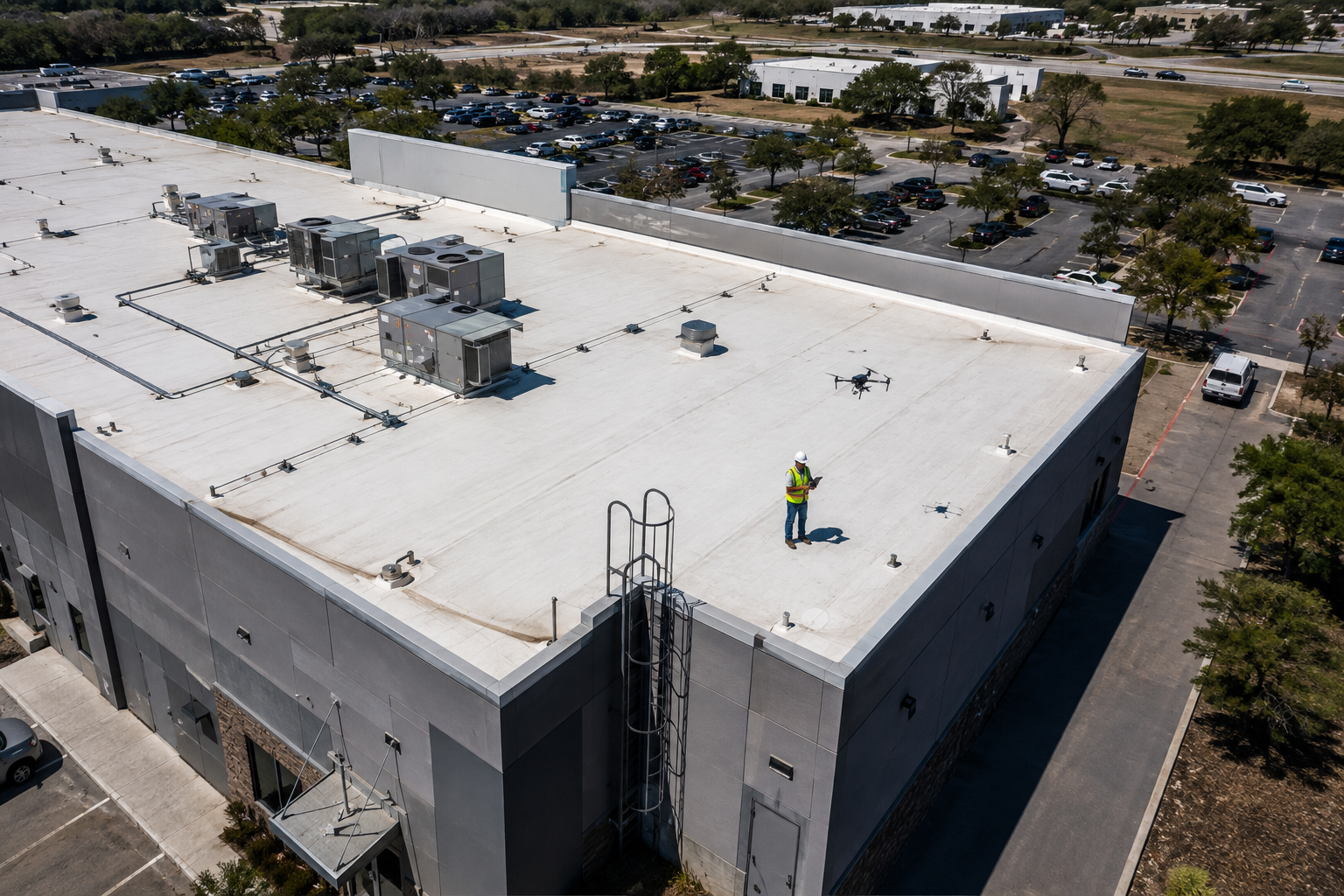 An aerial view of a large commercial building's flat roof with HVAC units, a person in safety gear using a drone, and a parking lot filled with cars in the background.