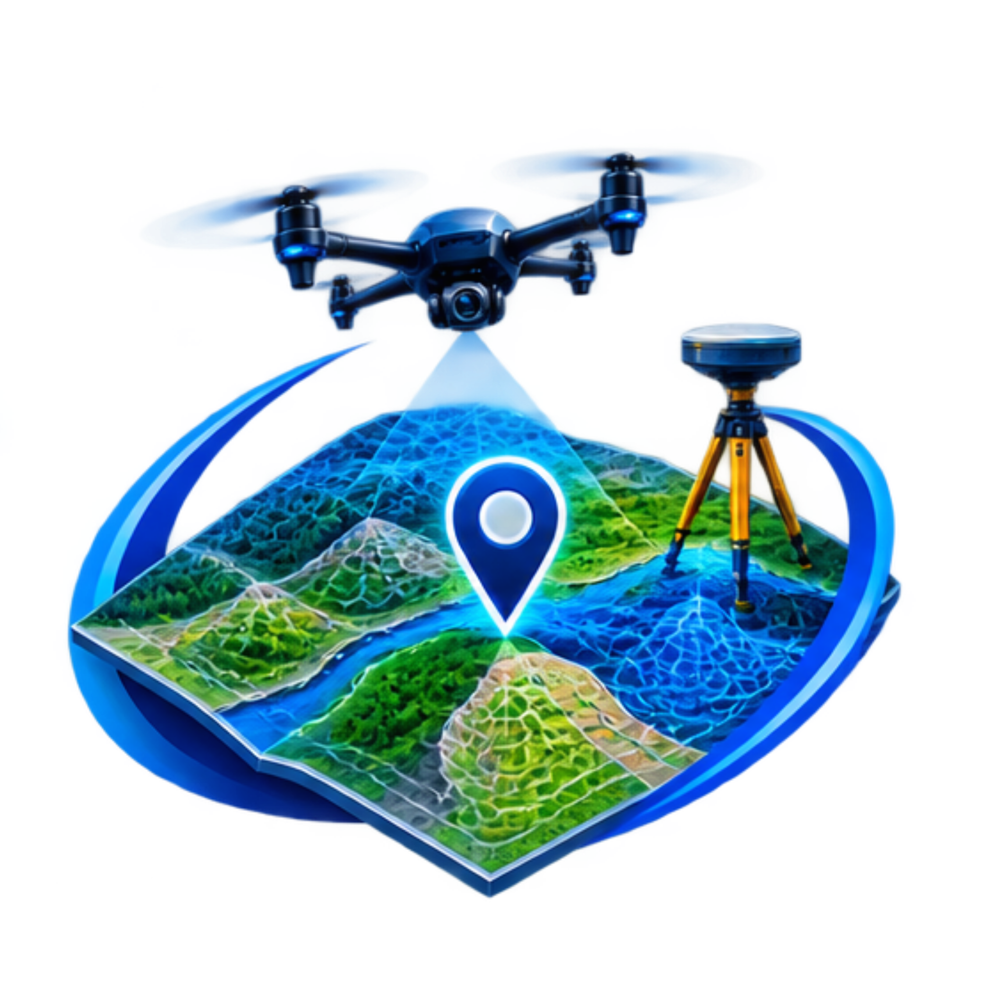 A drone with four propellers flying over a digital hologram of the Earth, with a satellite dish nearby.